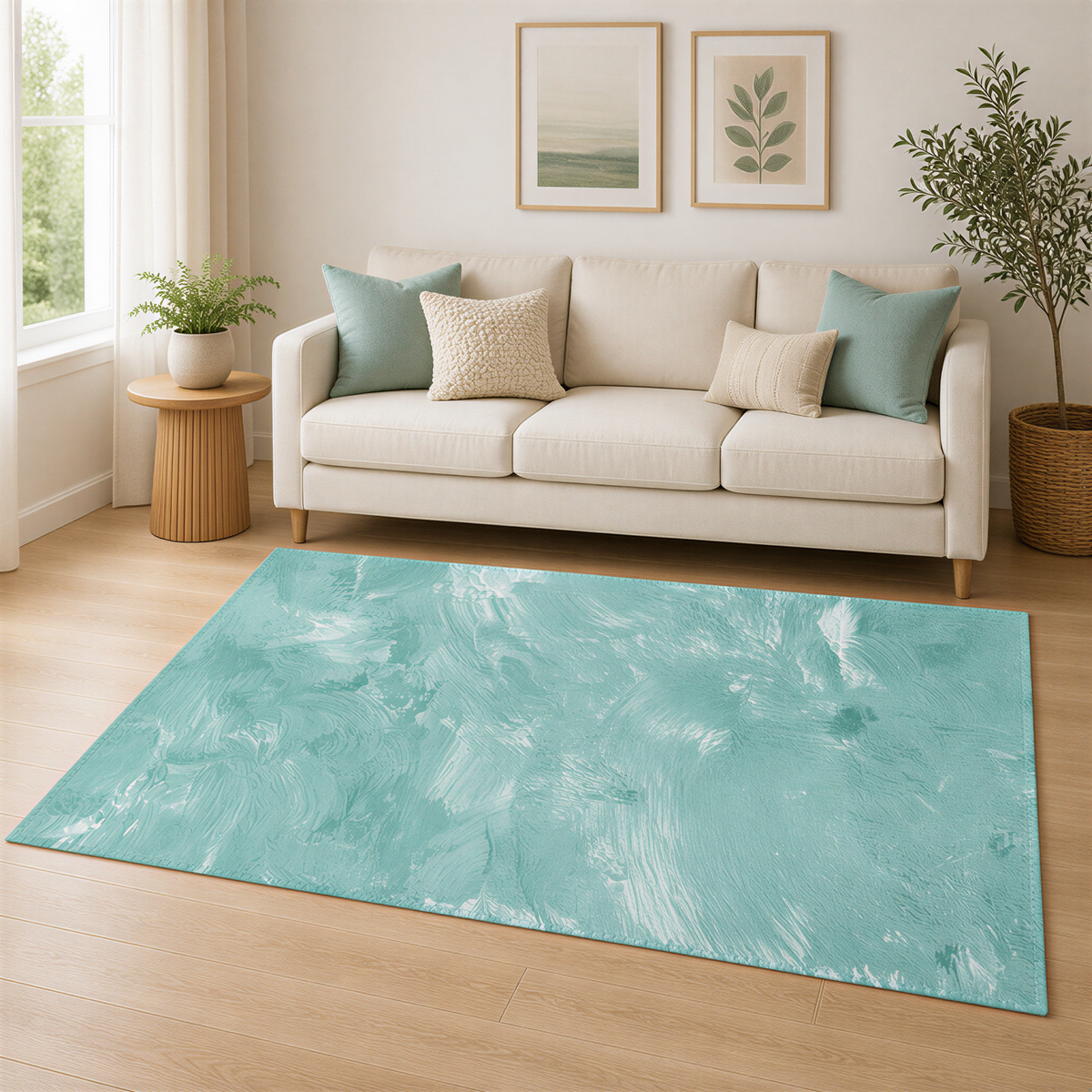 a cozy living room with a white sofa, a large abstract rug, and a potted plant. The room has a light wood floor and a large window that allows natural light to fill the space.