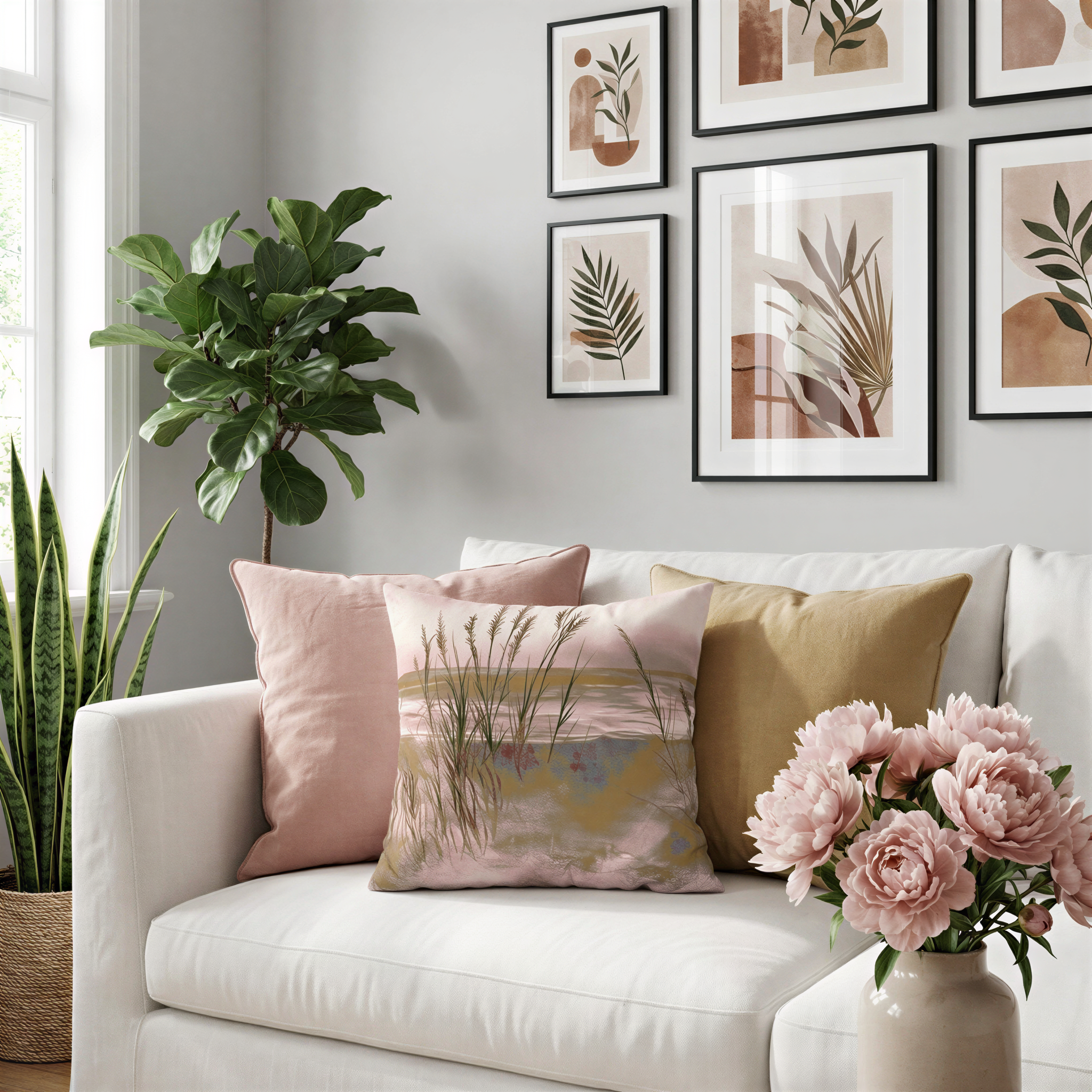 a cozy living room with a white sofa adorned with colorful throw pillows, a vase of pink flowers, and a potted plant. The walls are decorated with framed prints of plants and flowers, creating a harmonious and inviting atmosphere.