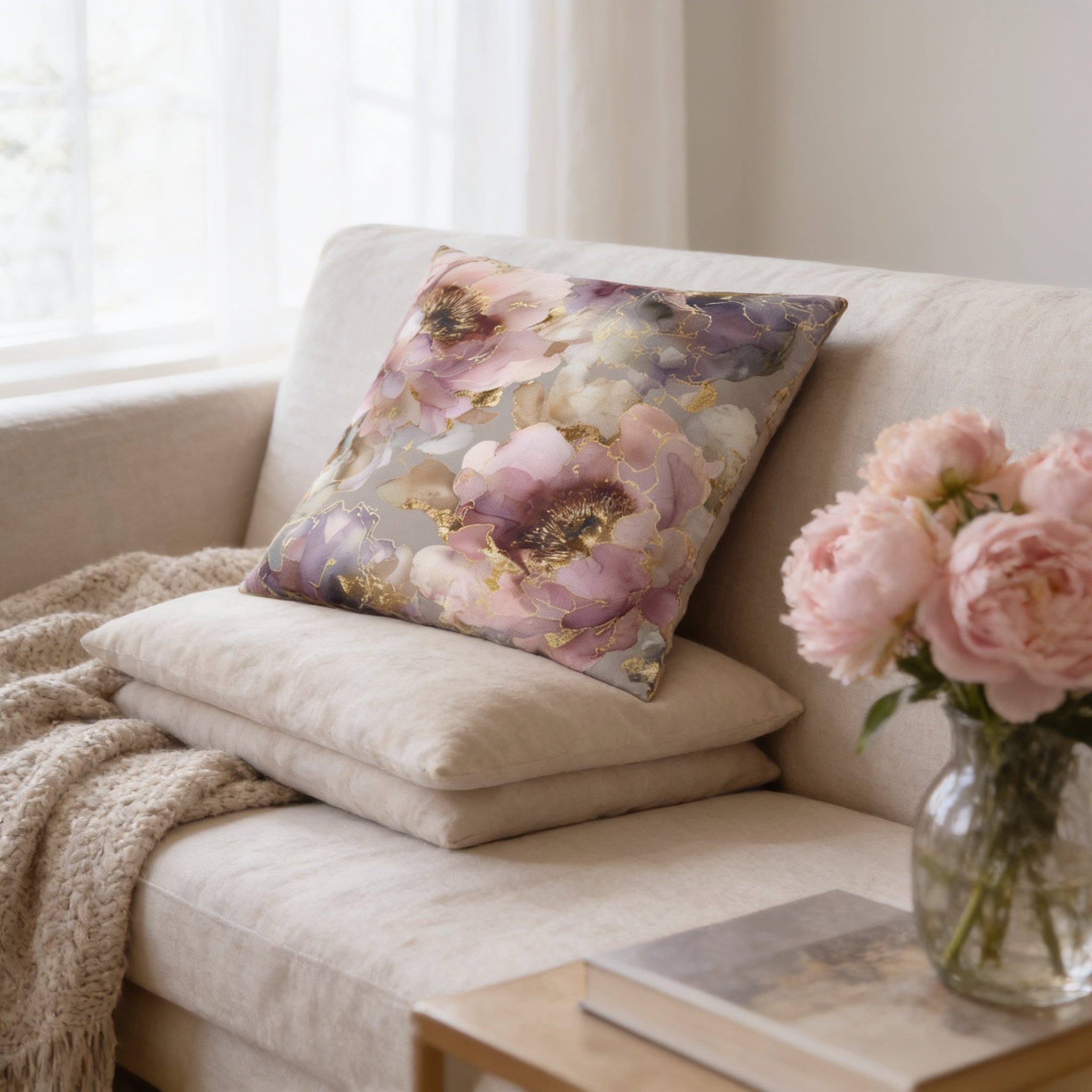 a cozy living room with a beige sofa adorned with a floral throw pillow and a vase of pink flowers on a coffee table.