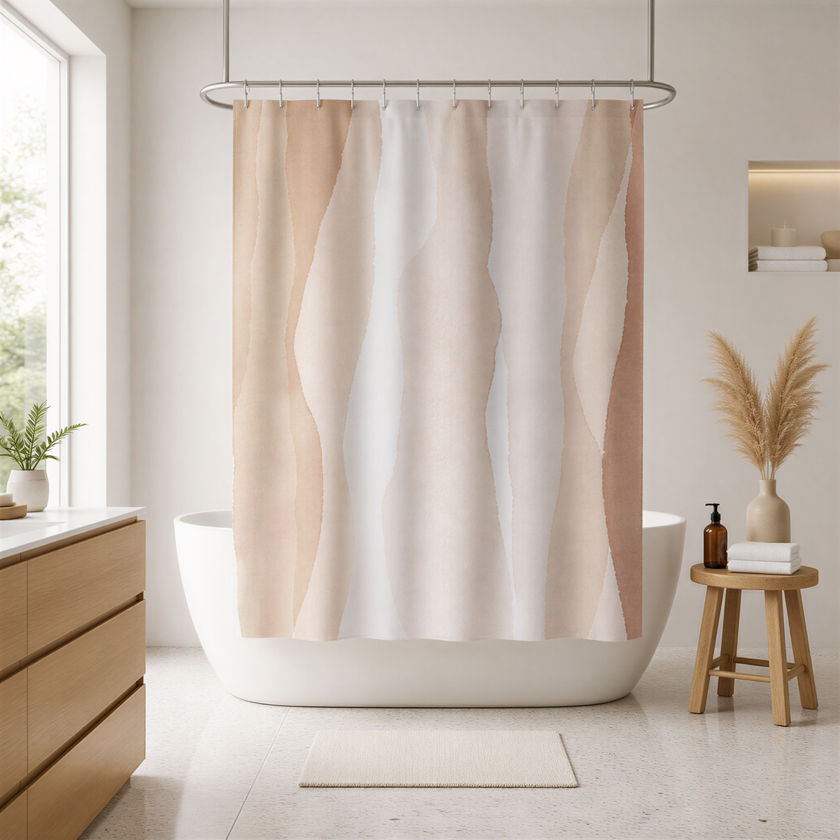 a modern bathroom with a white bathtub, a shower curtain with a pattern of light brown and white lines, and a wooden stool with a plant on it.