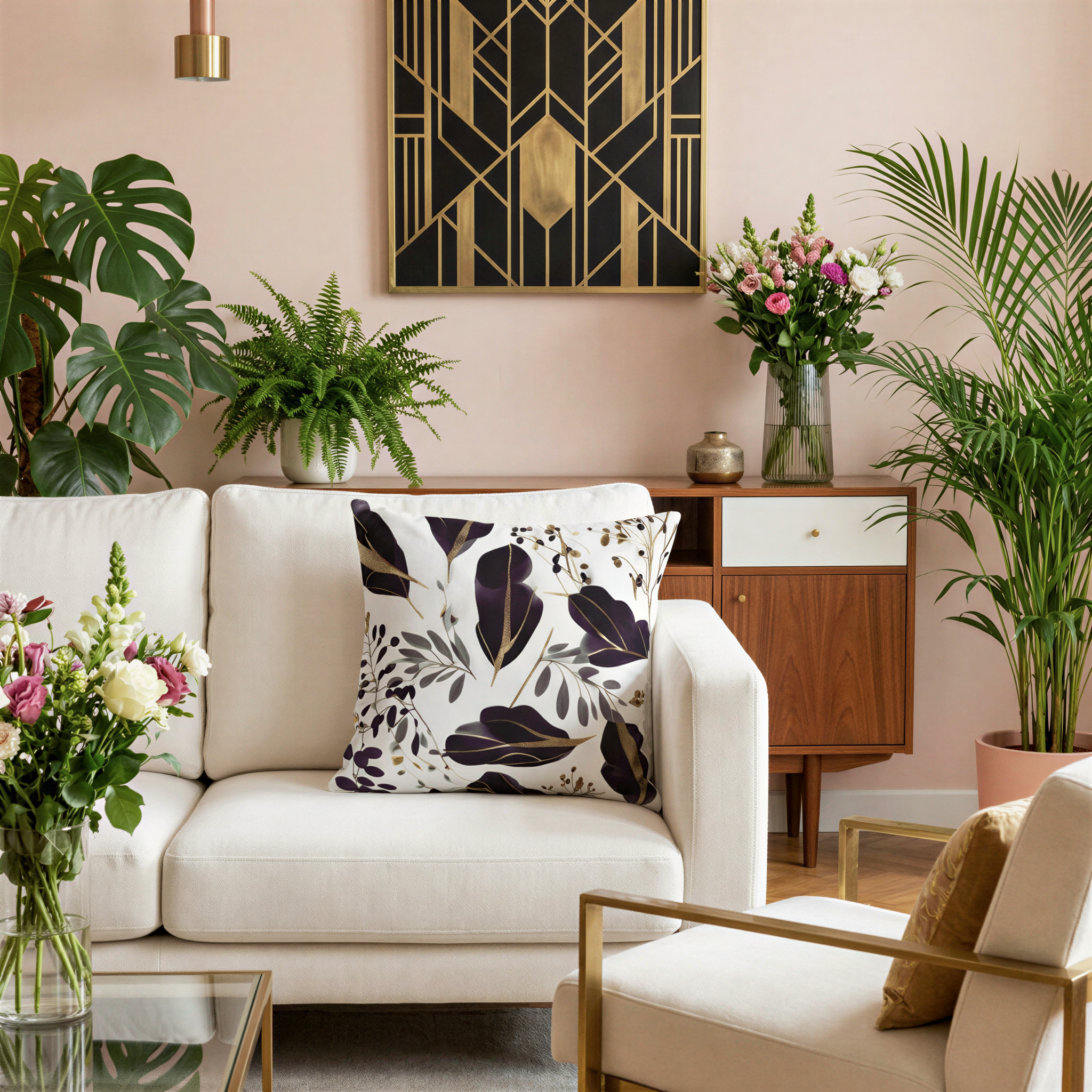 a well-decorated living room with a white sofa, a wooden cabinet, and various plants and flowers. The room has a modern and stylish design, with a gold and black geometric pattern on the wall and a gold-framed mirror above the sofa.