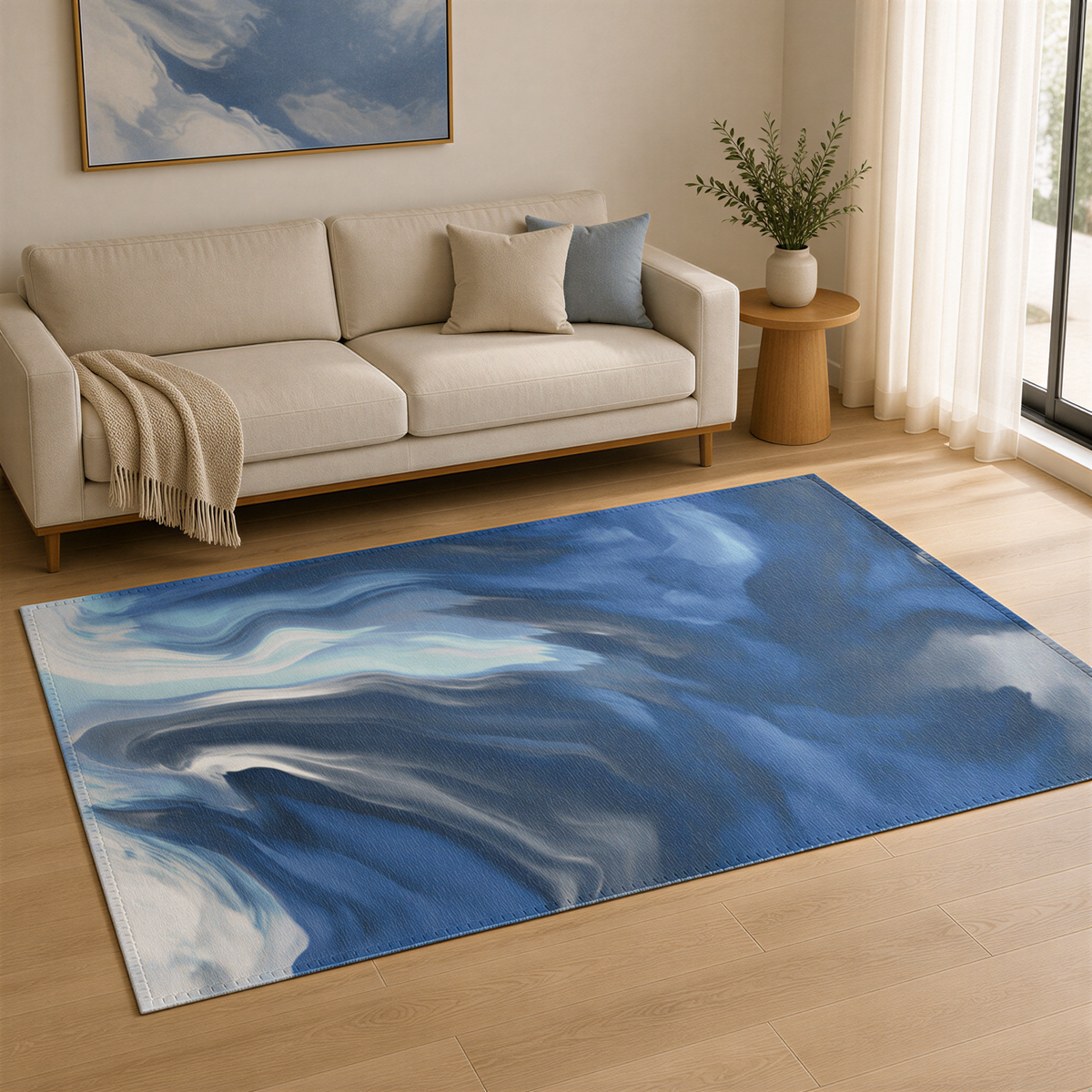 a living room with a white sofa, a blue and white abstract rug, and a wooden side table with a plant.