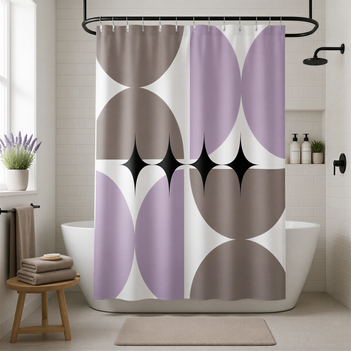 a modern bathroom with a shower curtain that has a geometric design with circles and stars in various shades of purple and gray. The bathroom has a white bathtub, a wooden stool, and a potted plant, creating a clean and minimalist aesthetic.