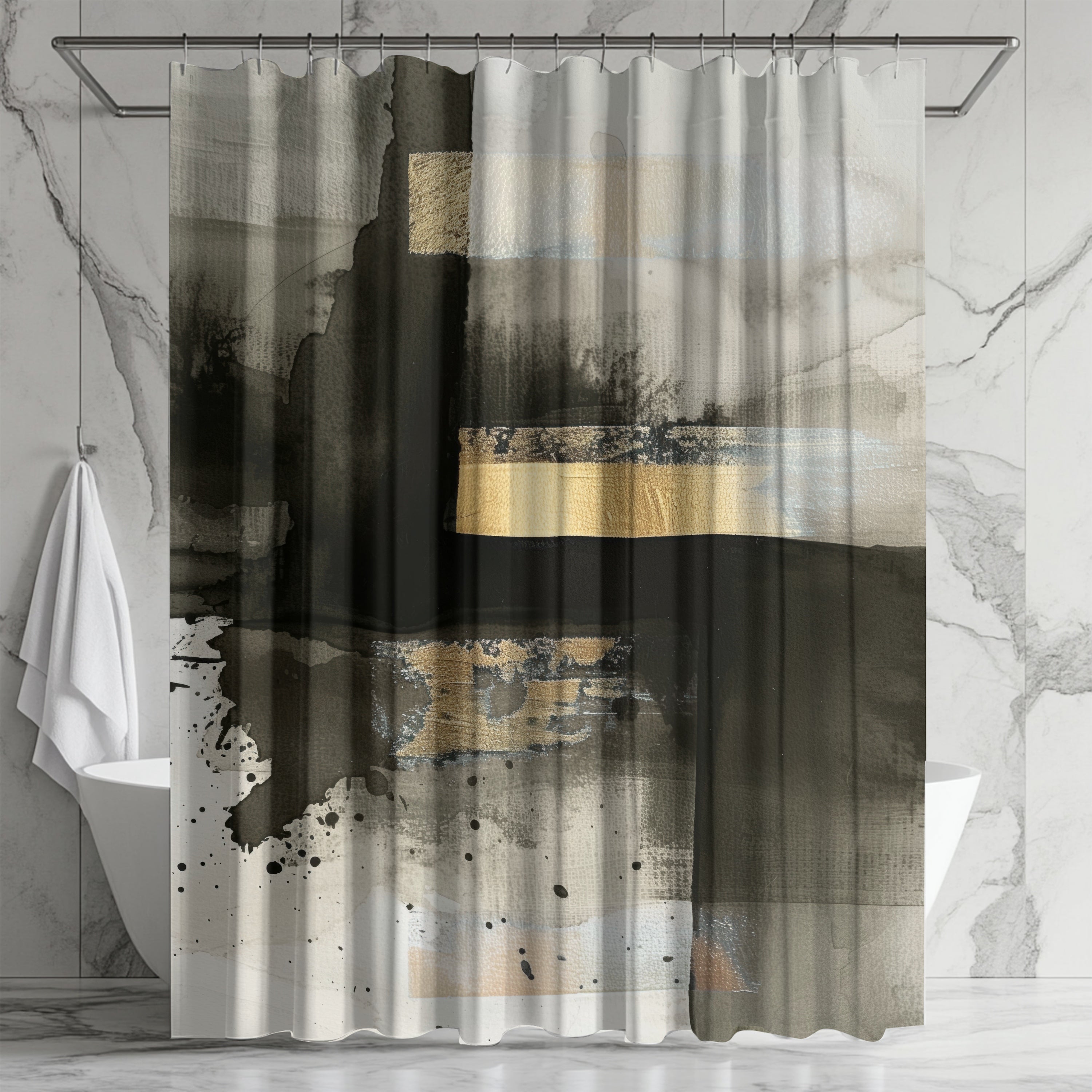 a shower curtain with a black and white abstract design, including splashes of color and geometric shapes.