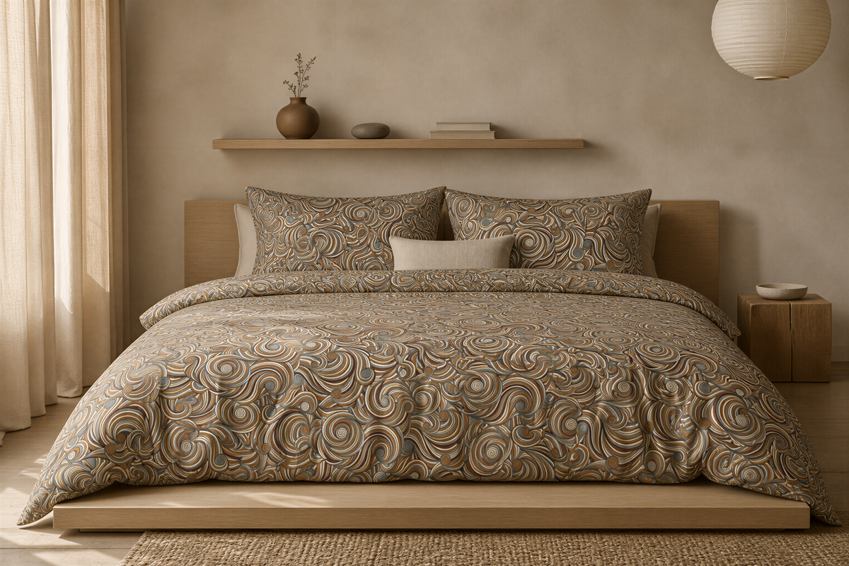 a serene and cozy bedroom with a large bed adorned with a patterned comforter and pillows. The bed is positioned against a wall, with a shelf above it holding a vase and a stack of books. The room has a warm and inviting atmosphere, with a wooden floor and a rug on the floor.