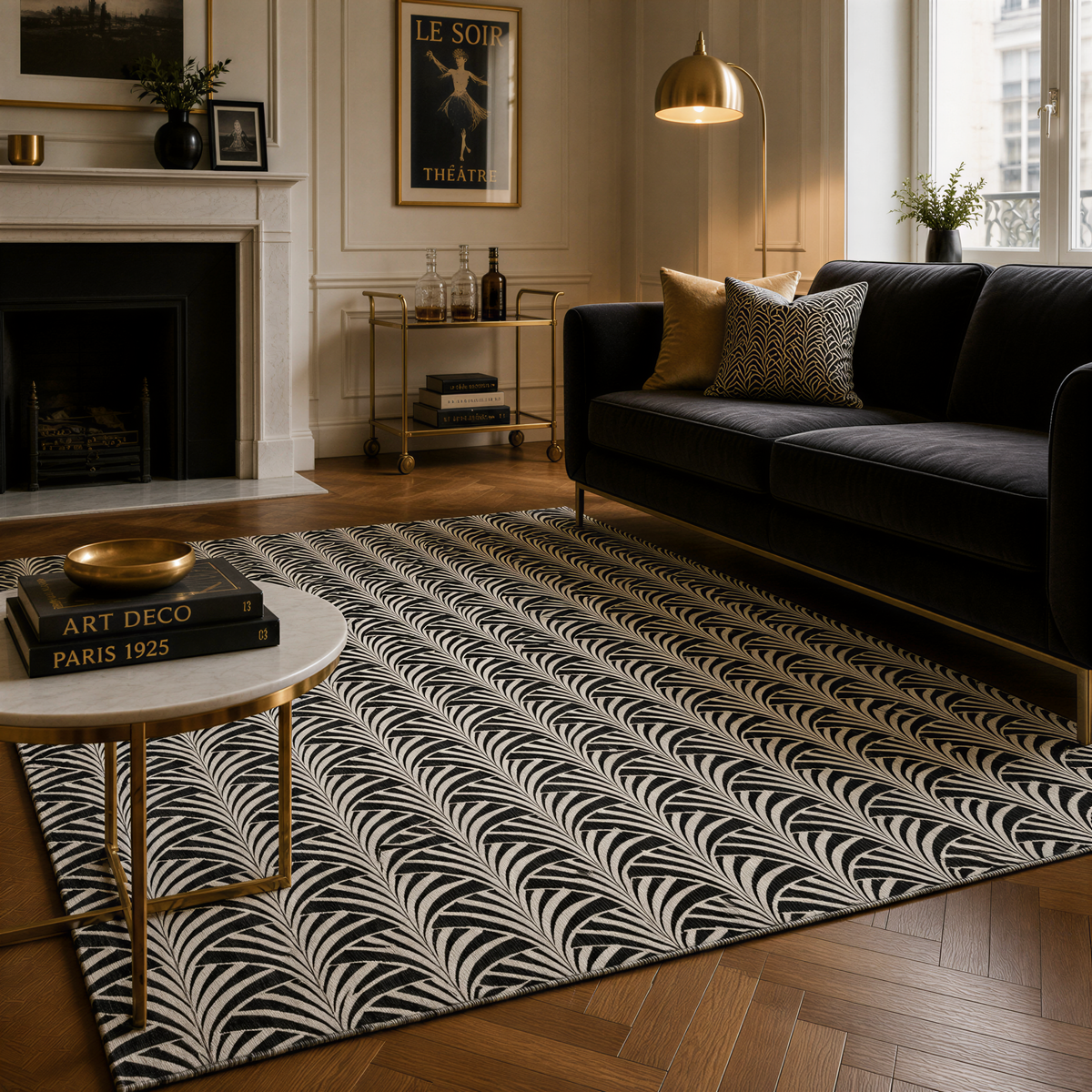 a well-decorated living room with a black sofa, a patterned area rug, a fireplace, and a bookshelf. The room has a modern and stylish design, with a mix of neutral and bold colors.