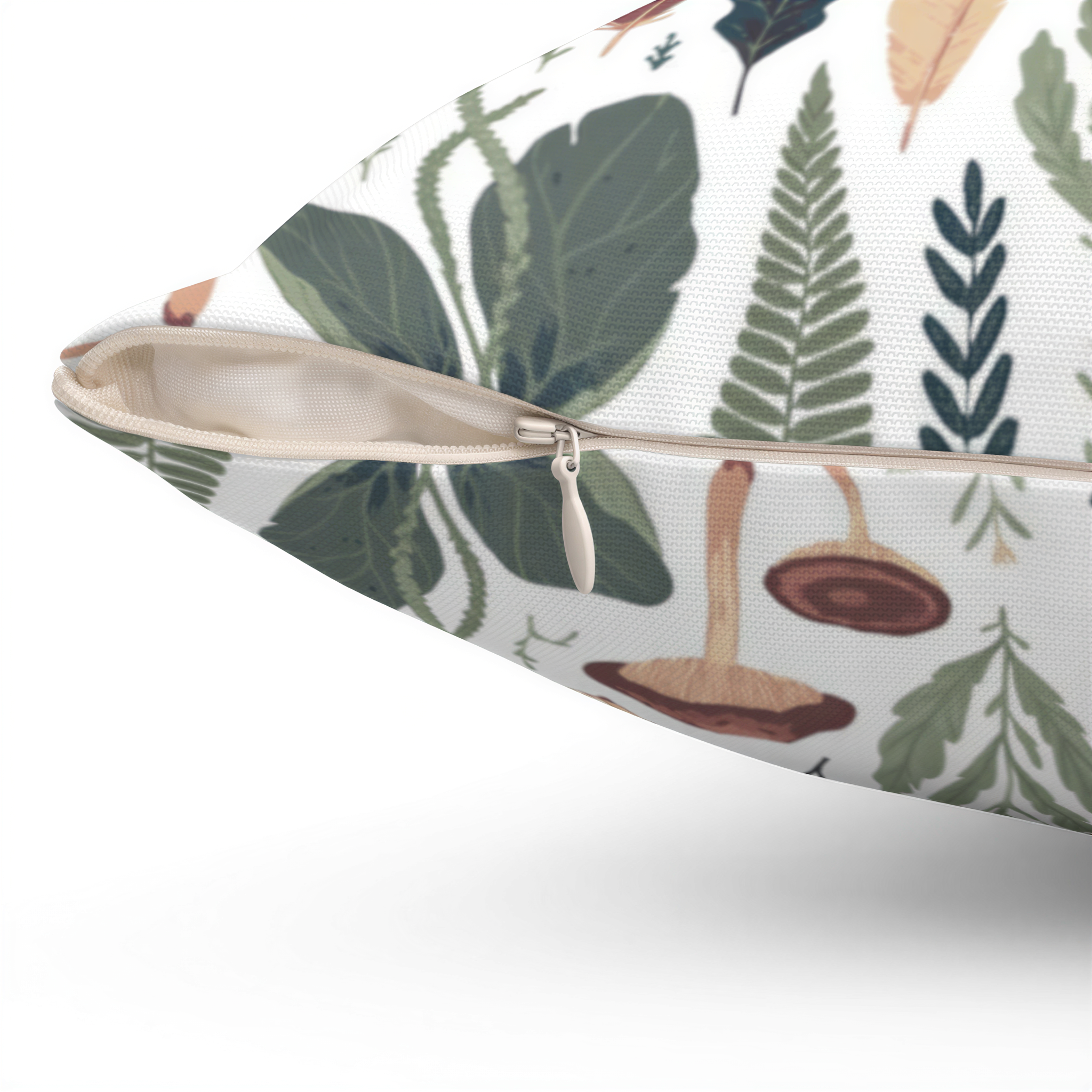 Boho Pillow Cover Green Beige Brown Leaves Mushrooms