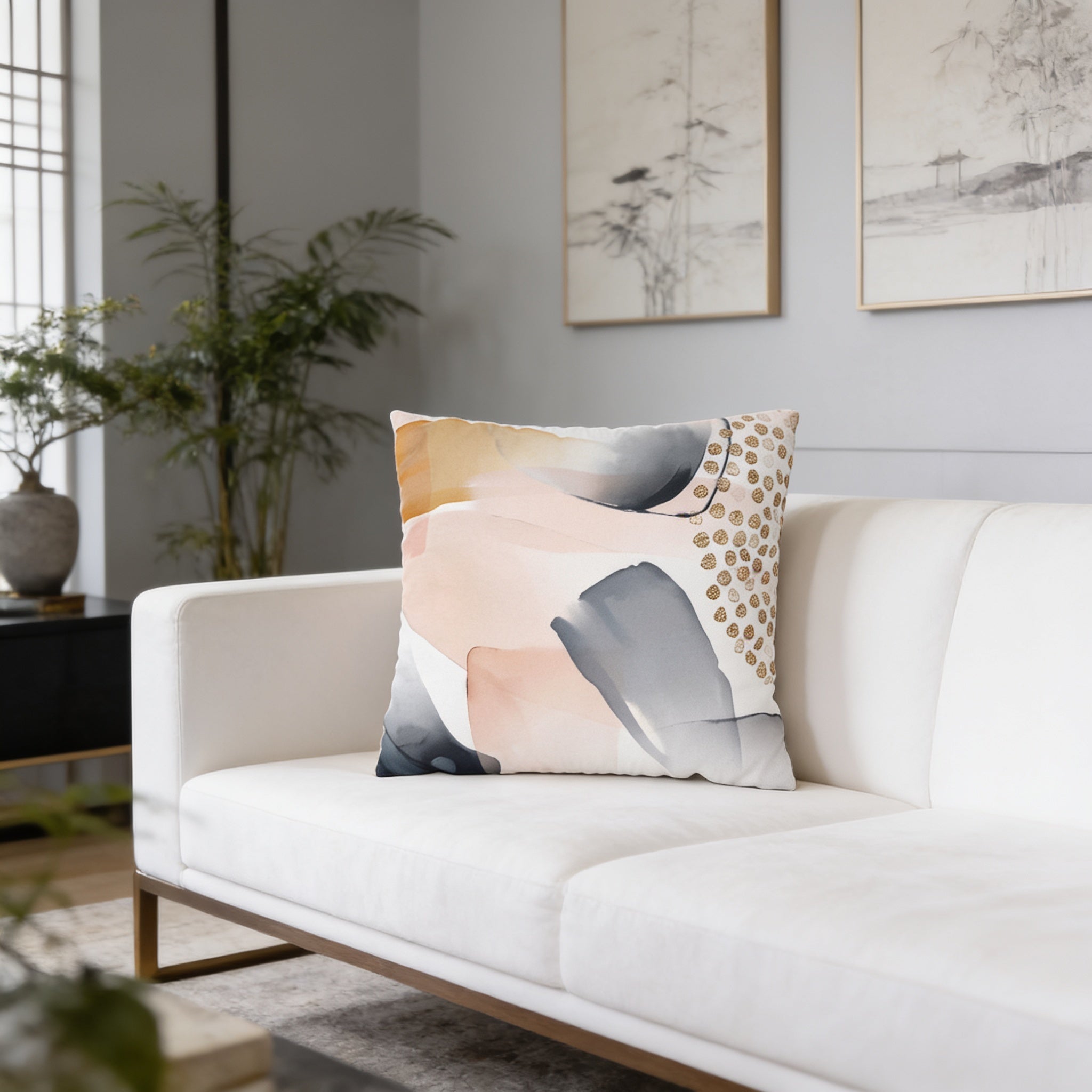 a white couch with a decorative throw pillow on it, placed in a living room setting with a window and artwork on the wall.