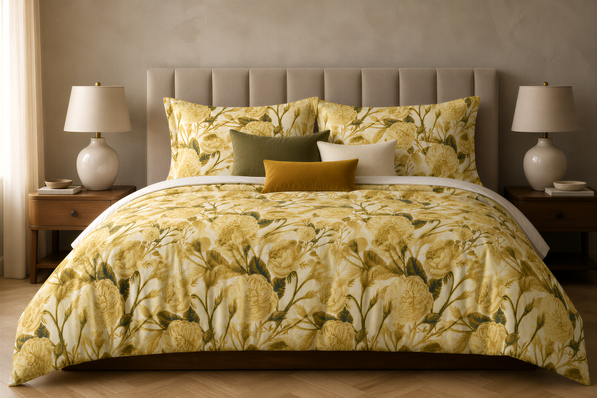 a bedroom with a large bed covered in a yellow floral comforter and pillows. The bed is flanked by two nightstands with lamps on each side.