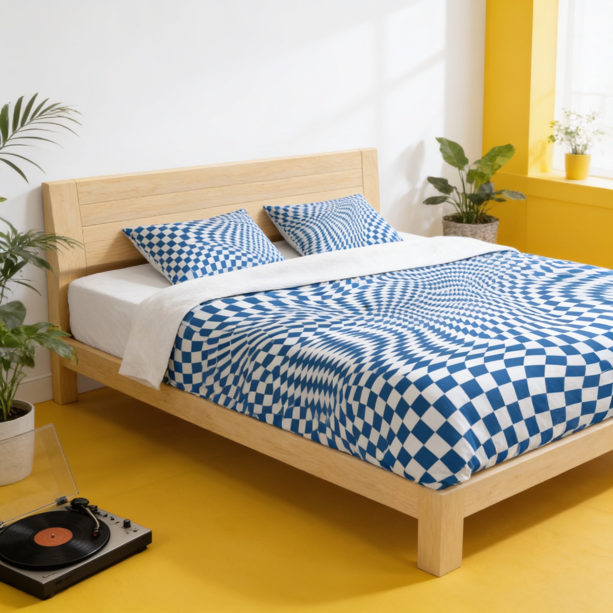 a modern bedroom with a wooden bed frame, a checkered comforter, and a record player on the floor.