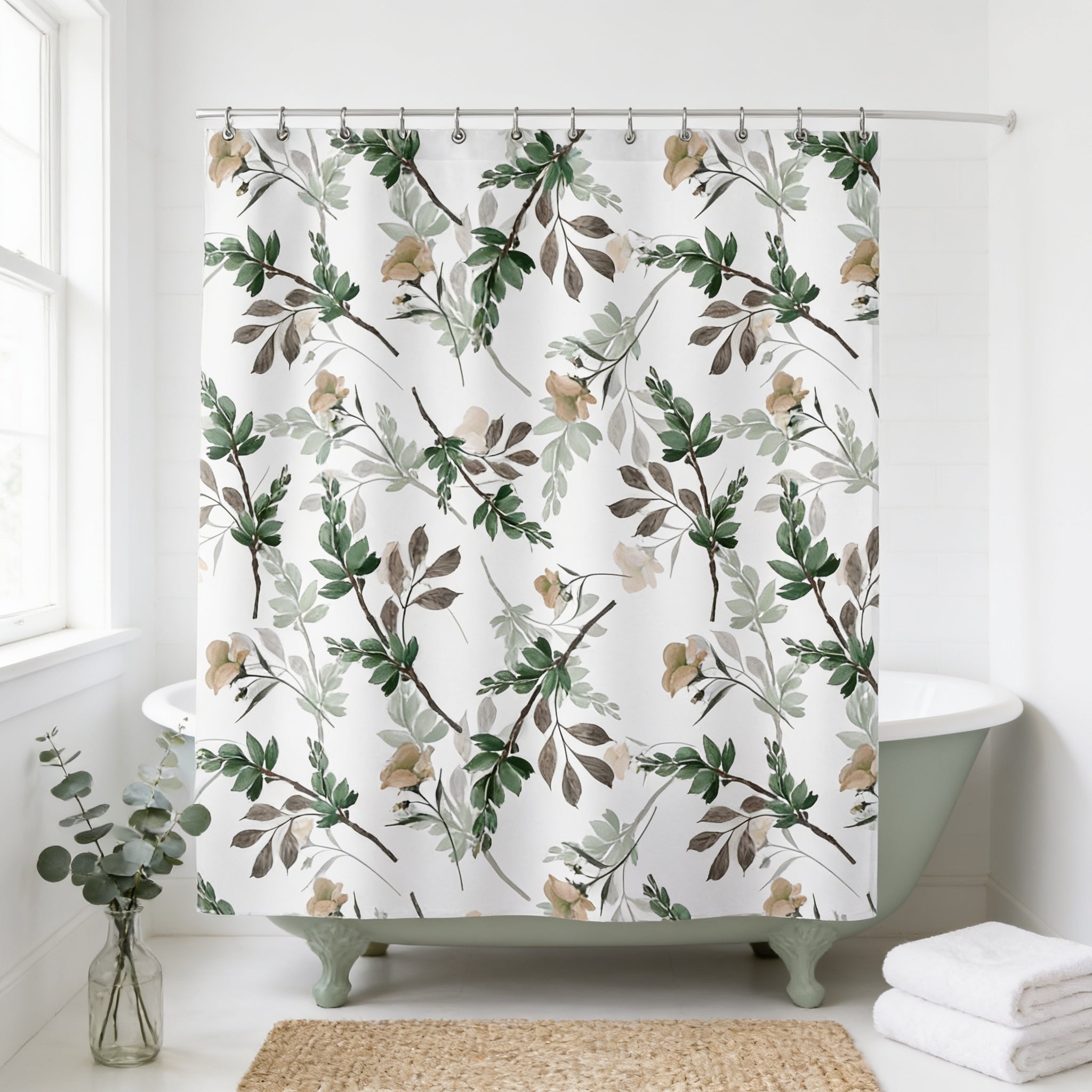 a bathroom with a white bathtub, a shower curtain with a floral print, and a vase of greenery on the floor.