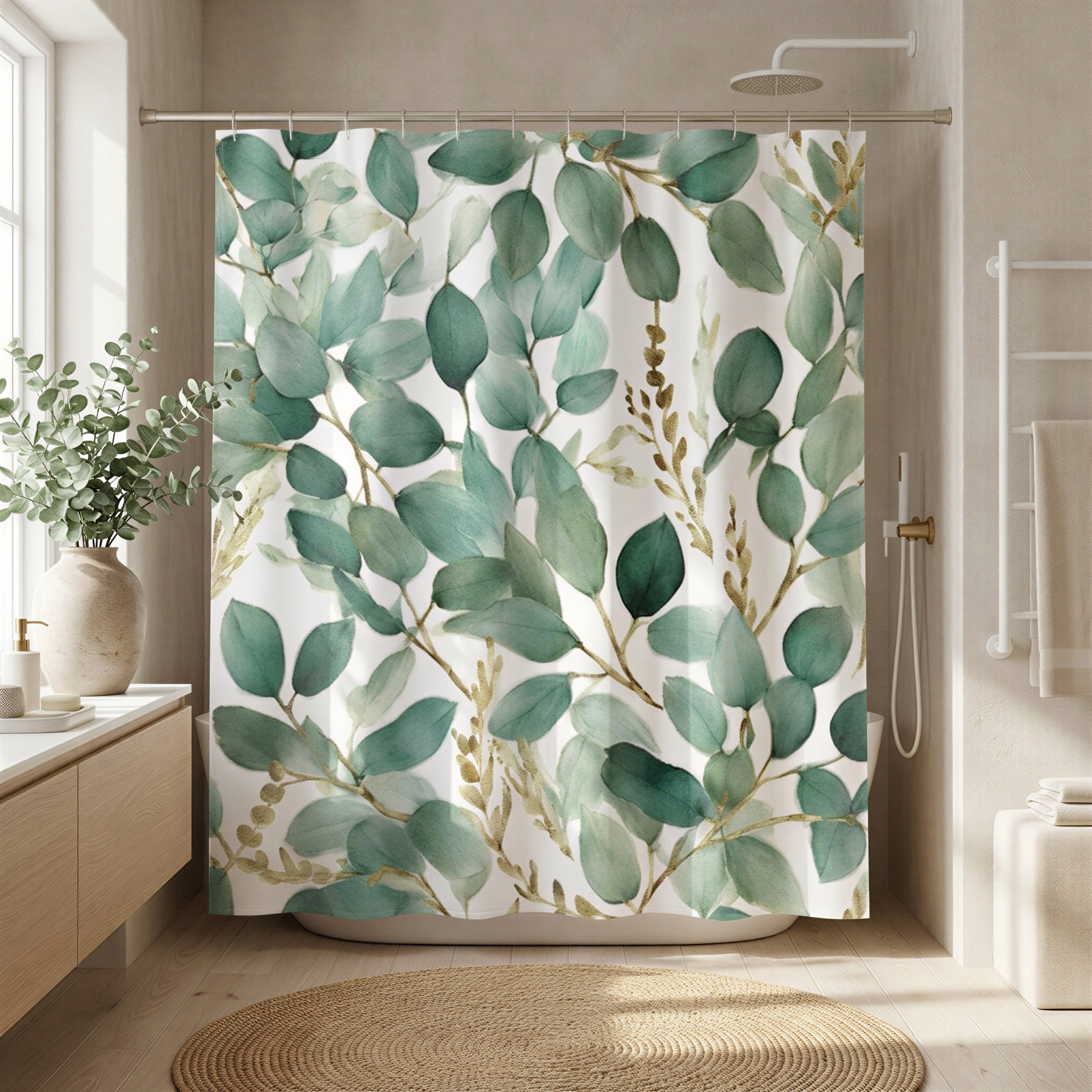 a bathroom with a shower curtain adorned with a pattern of green leaves and gold branches. The curtain is hanging from a rod above a white bathtub. The bathroom has a wooden vanity and a rug on the floor, creating a cozy and inviting atmosphere.