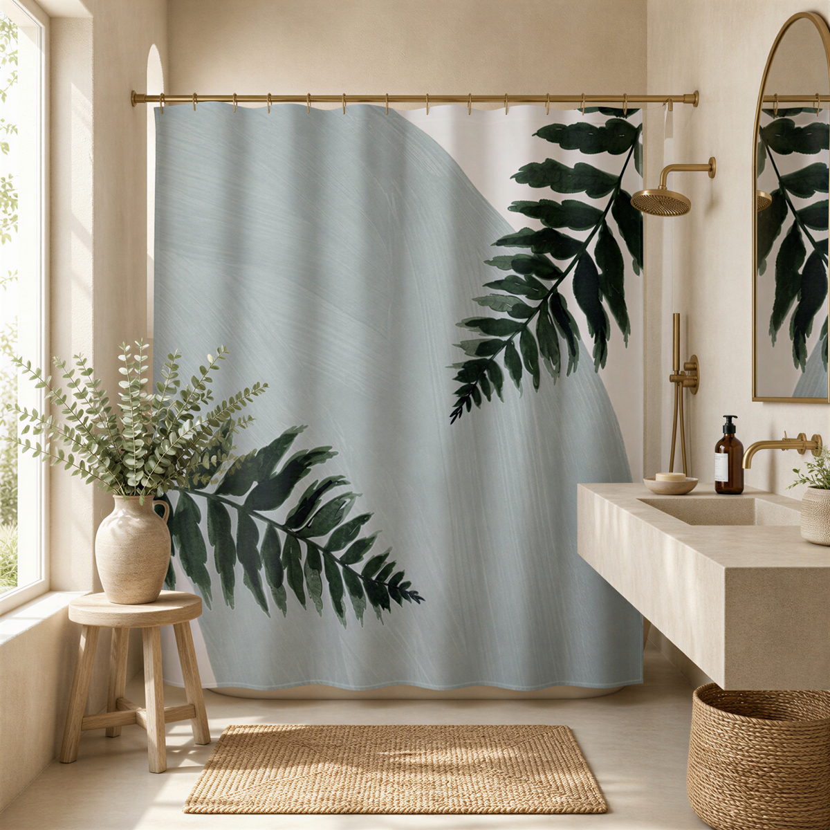 a bathroom with a large shower curtain featuring a leaf design in shades of blue and green. The bathroom has a minimalist and modern aesthetic, with a wooden stool, a sink, and a mirror. The room is well-lit, with natural light coming in from a window, and the overall color scheme is soothing and calming.
