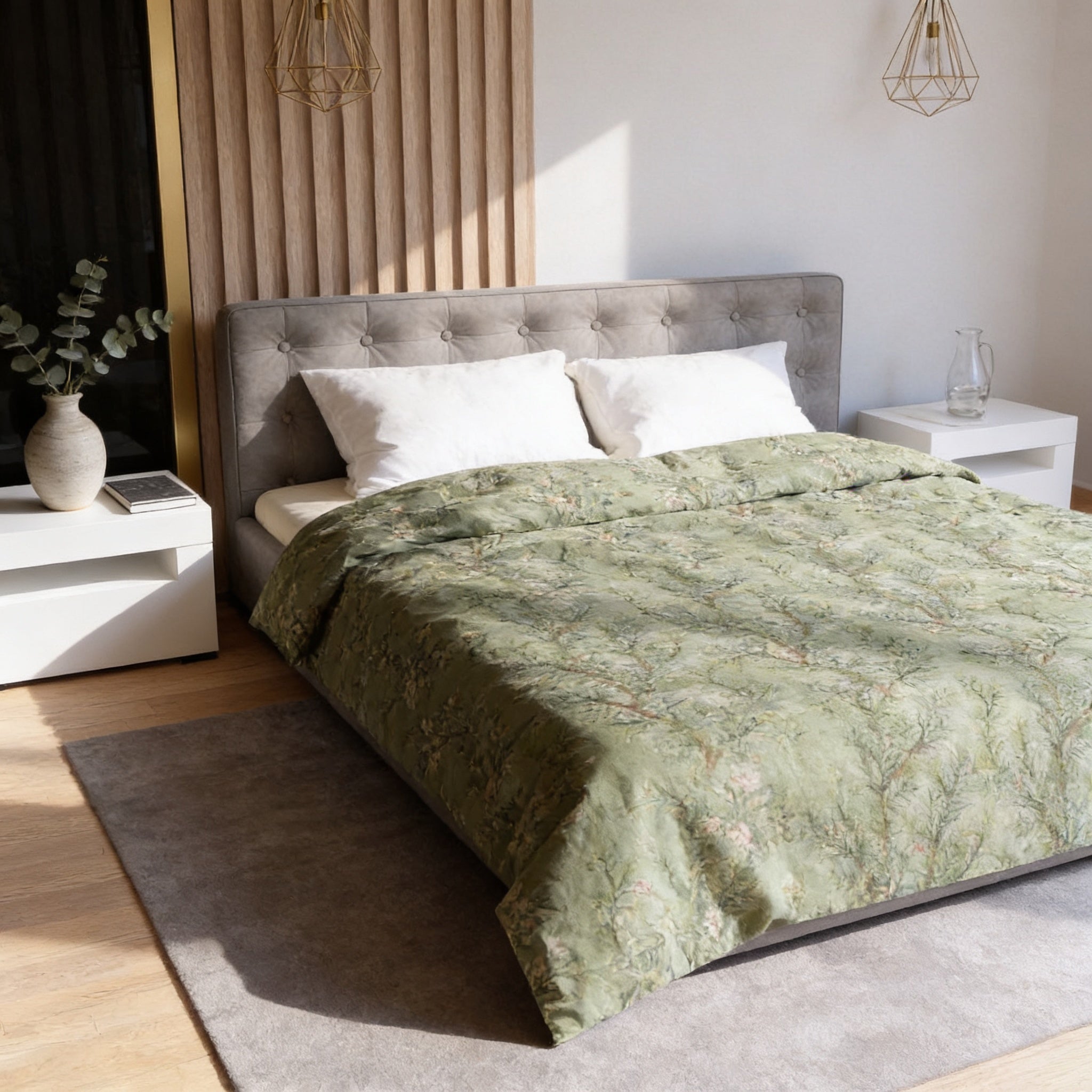 a modern bedroom with a gray tufted headboard, a green floral comforter, and white pillows. The room has a minimalist and clean design, with a white nightstand and a vase of greenery on the nightstand. The overall color scheme is predominantly white and gray, with accents of green and brown.