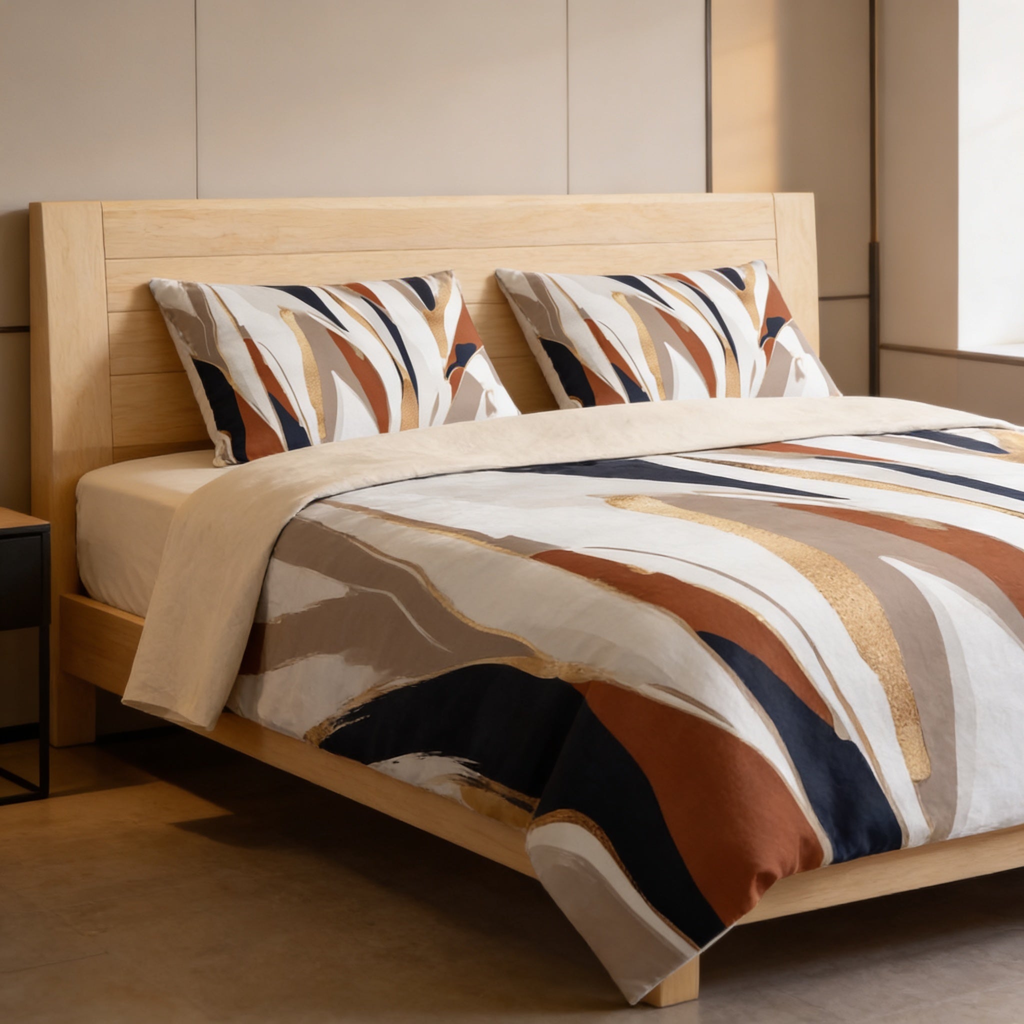 a modern bedroom with a wooden bed frame and a colorful abstract patterned comforter.