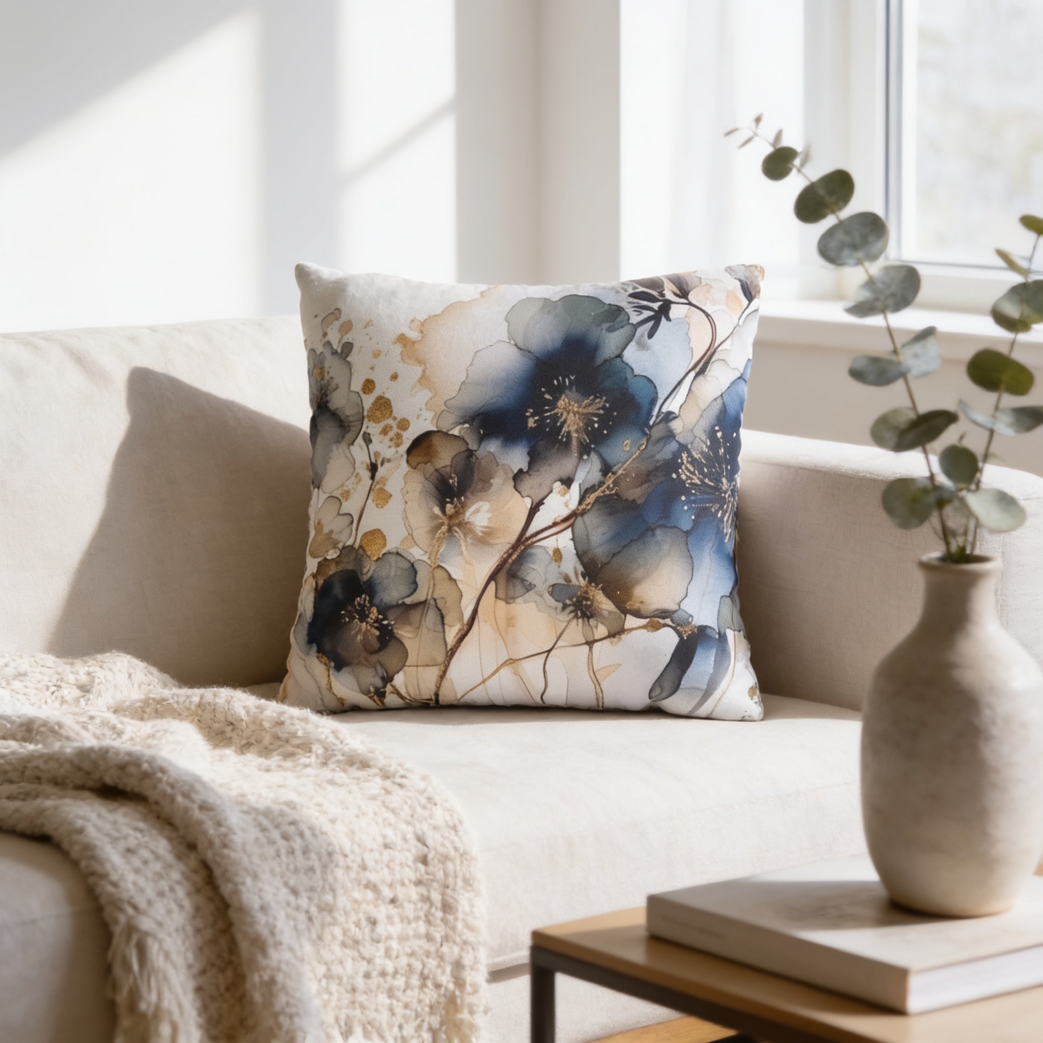 a cozy living room with a beige sofa, a decorative throw blanket, and a vase with greenery. The centerpiece is a decorative pillow with a floral print in shades of blue and gold.