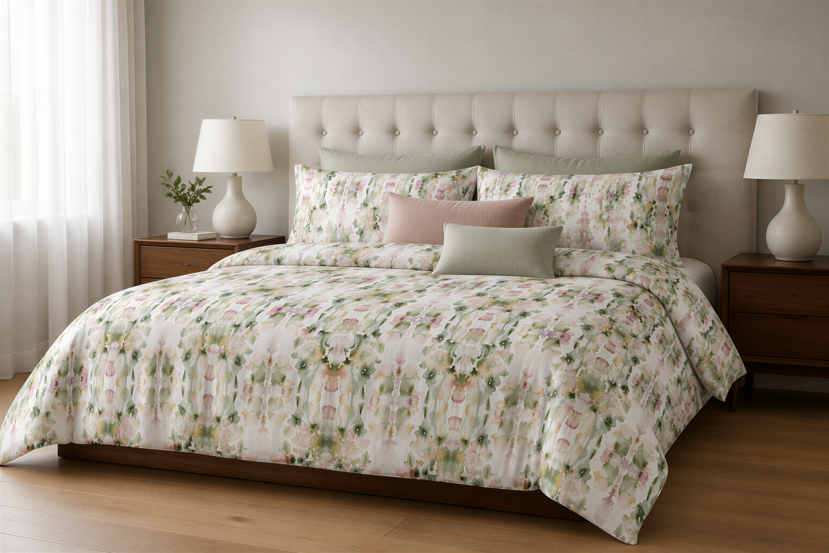 a bedroom with a large bed, a tufted headboard, and a floral patterned comforter. The bed is adorned with pillows and a lamp on each side.