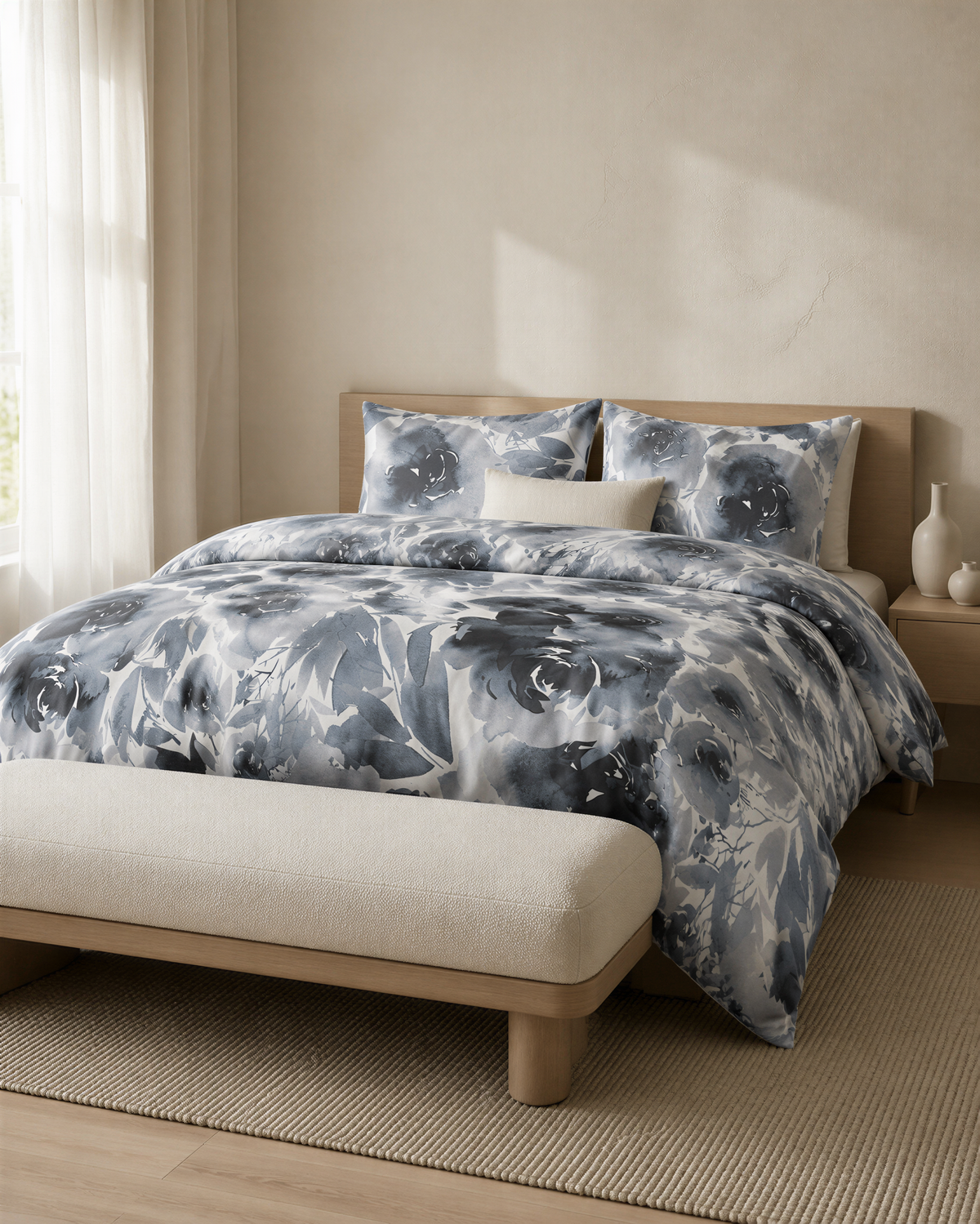 a bedroom with a large bed covered in a blue and white floral comforter, a white bench, and a window with white curtains.