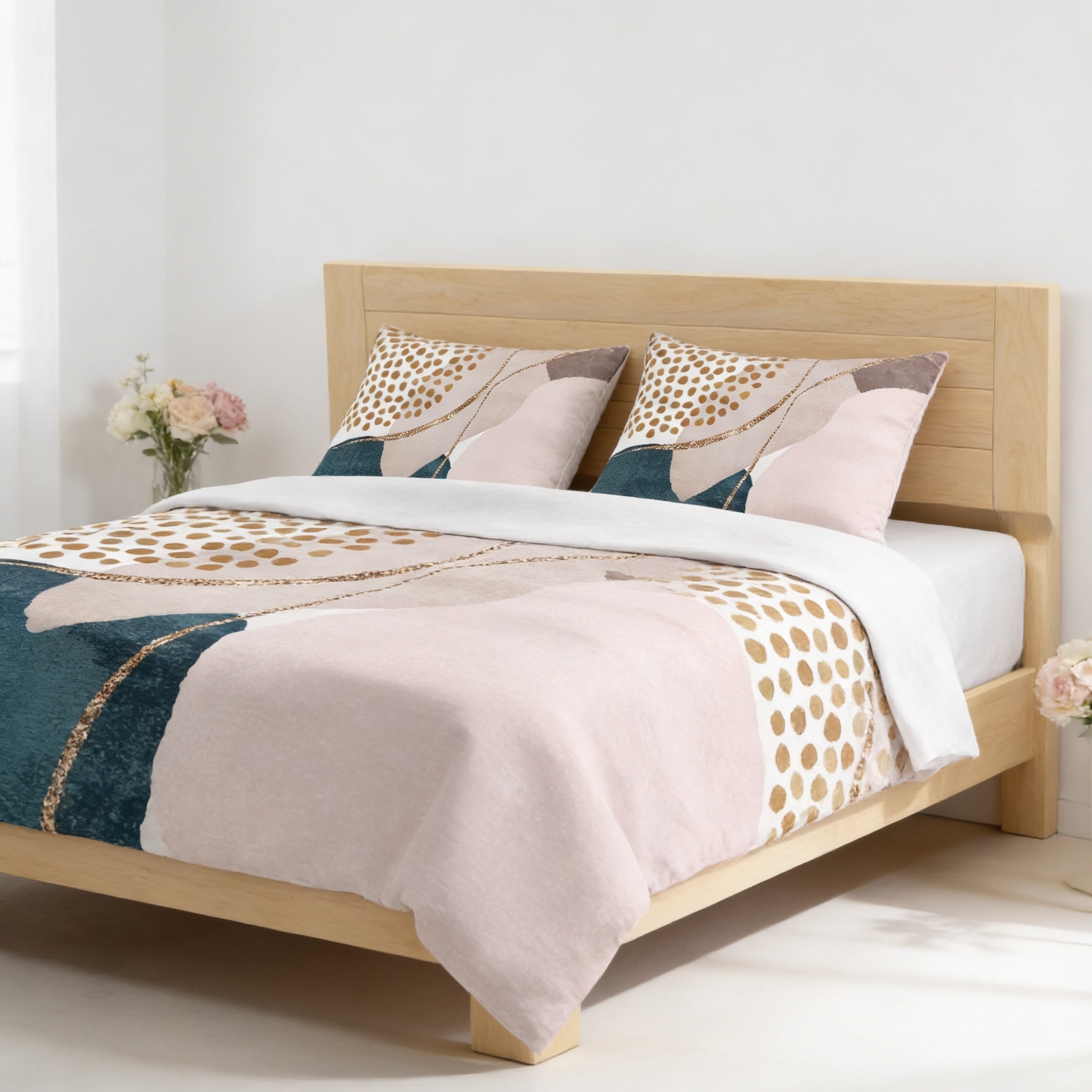 a modern bedroom with a wooden bed frame and a colorful, abstract-patterned comforter and pillows.