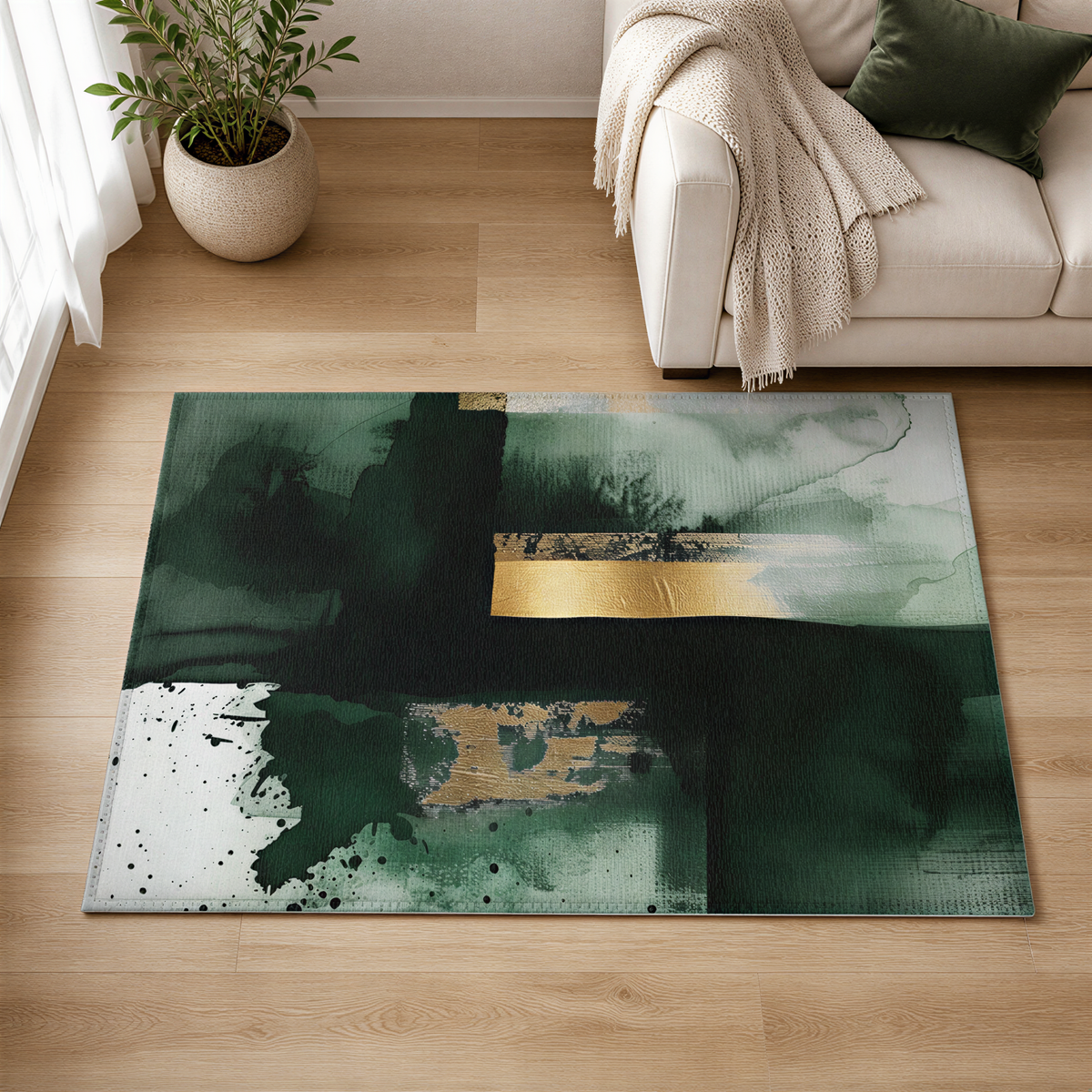 a large abstract rug with a green and white color scheme, placed on a wooden floor in a living room setting.