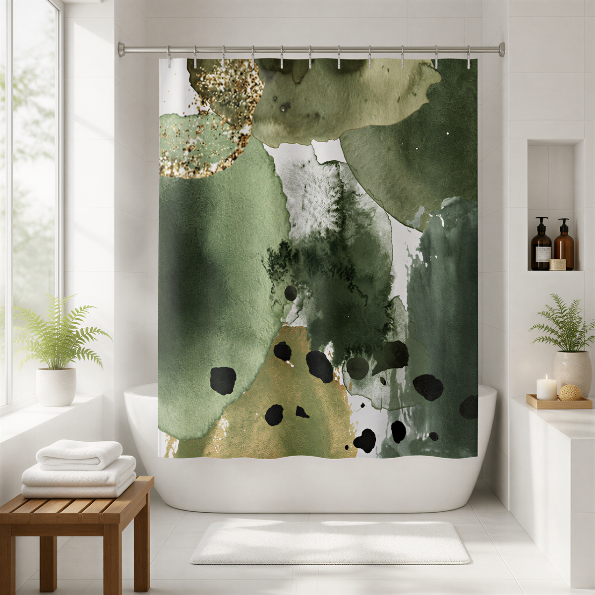 a bathroom with a large abstract green and black shower curtain featuring a watercolor-like effect. The bathroom has a white bathtub, a wooden bench, and various toiletries such as bottles and a candle.