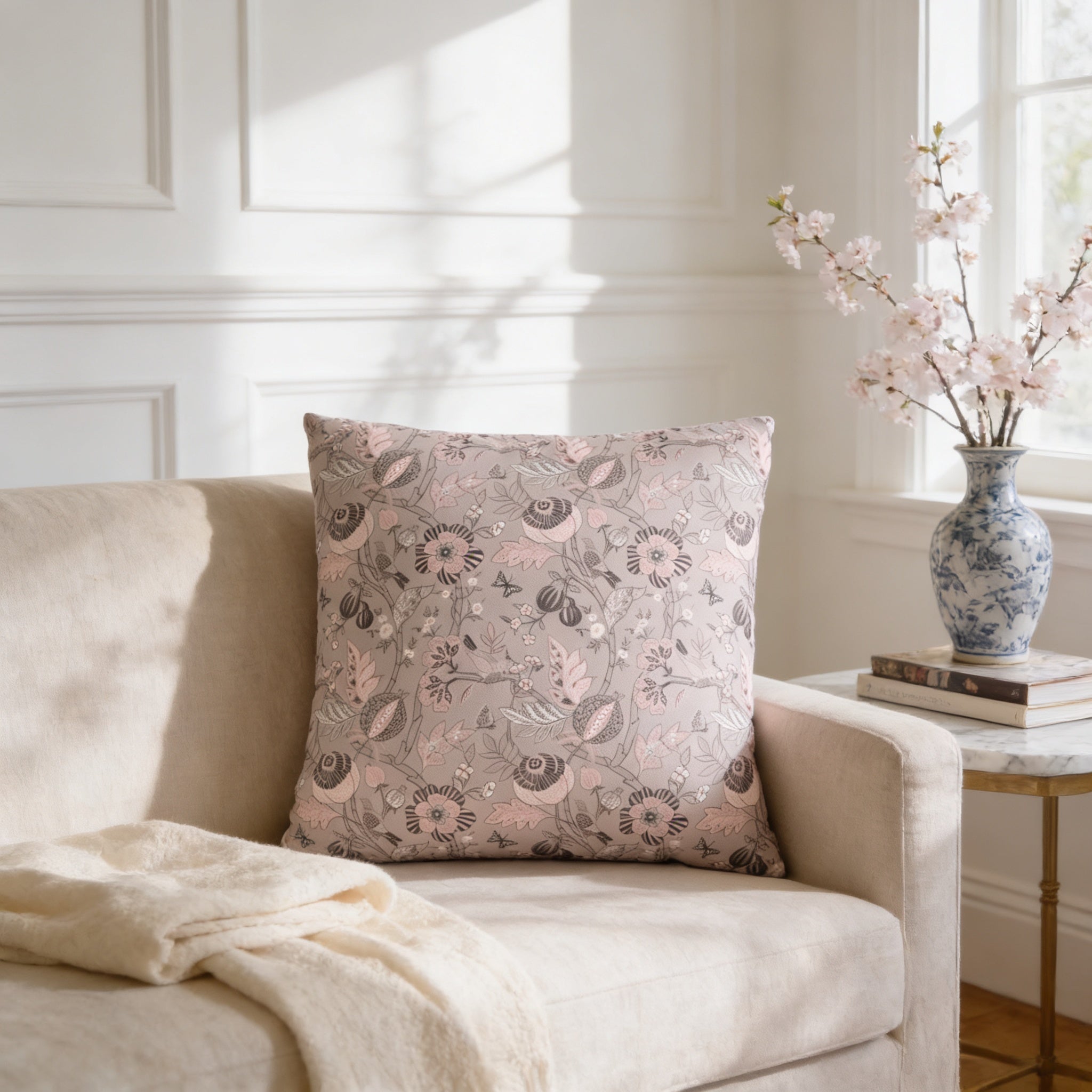 a cozy living room with a beige sofa, a decorative pillow with a floral pattern, and a vase of pink flowers on a side table.