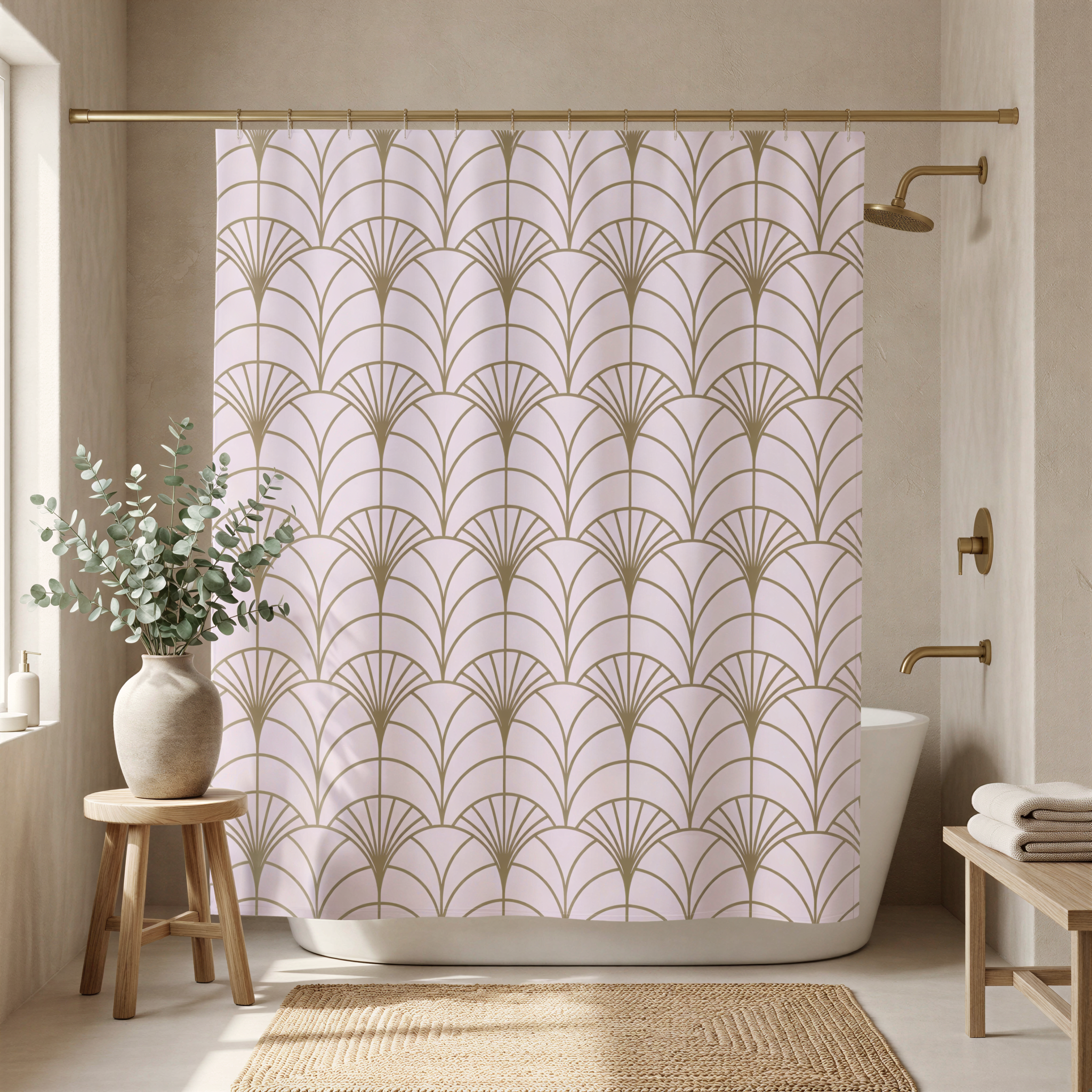 a bathroom with a shower curtain adorned with a repeating pattern of pink and gold feathers. The shower curtain is hanging from a rod, and there is a vase of greenery placed on a small table next to the shower. The room has a wooden bench and a rug, creating a cozy and inviting atmosphere.