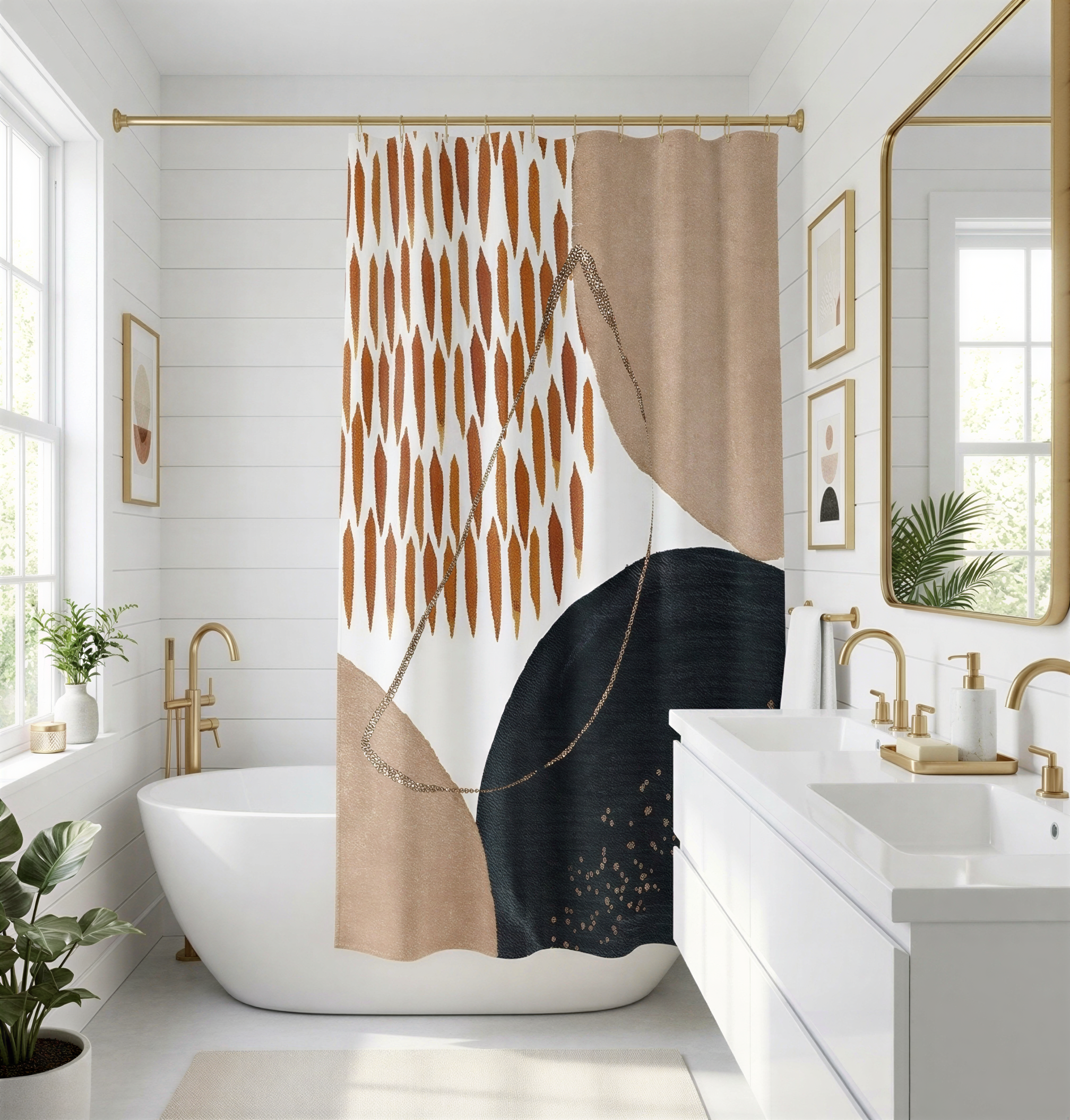a modern bathroom with a white bathtub, a large abstract shower curtain, and a vanity with a mirror.