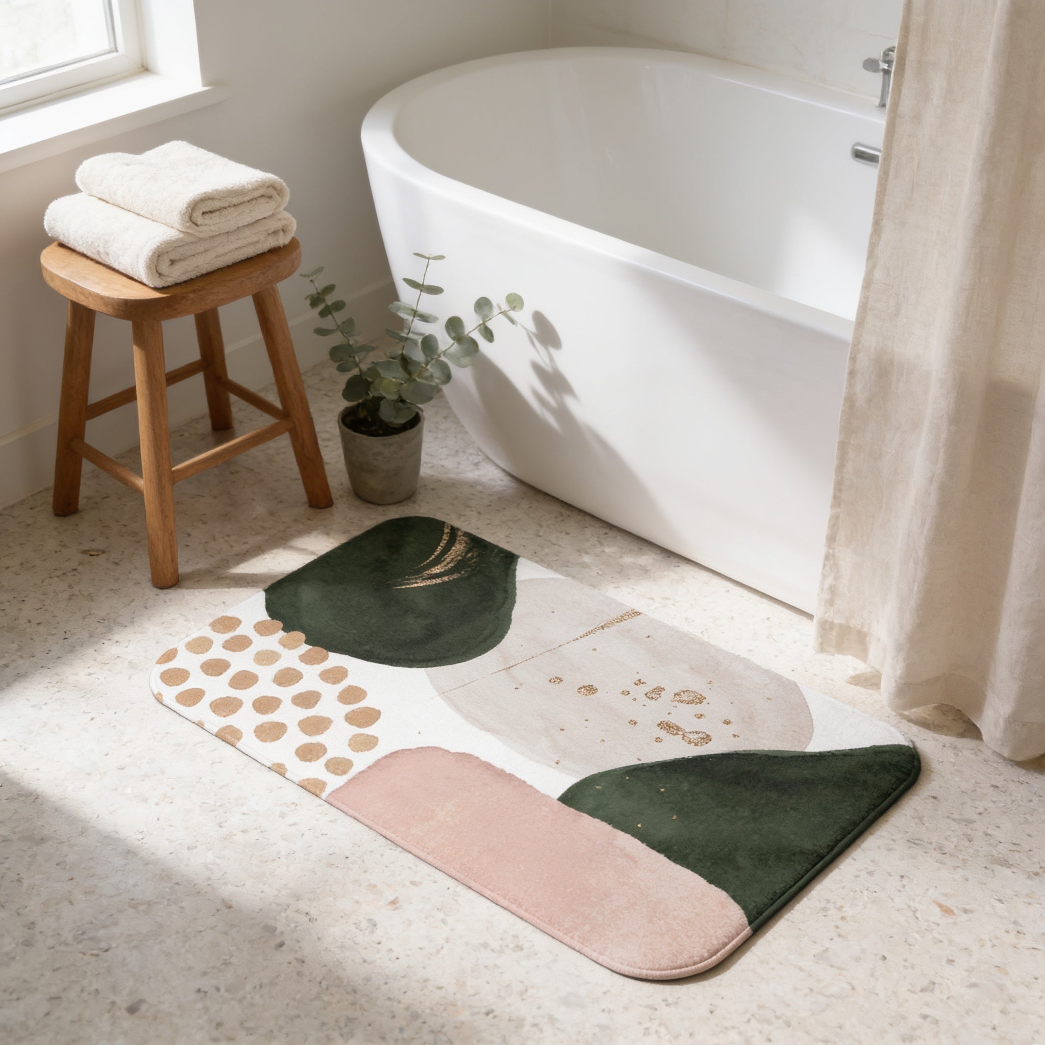 a bathroom with a white bathtub, a wooden stool, and a colorful rug on the floor.