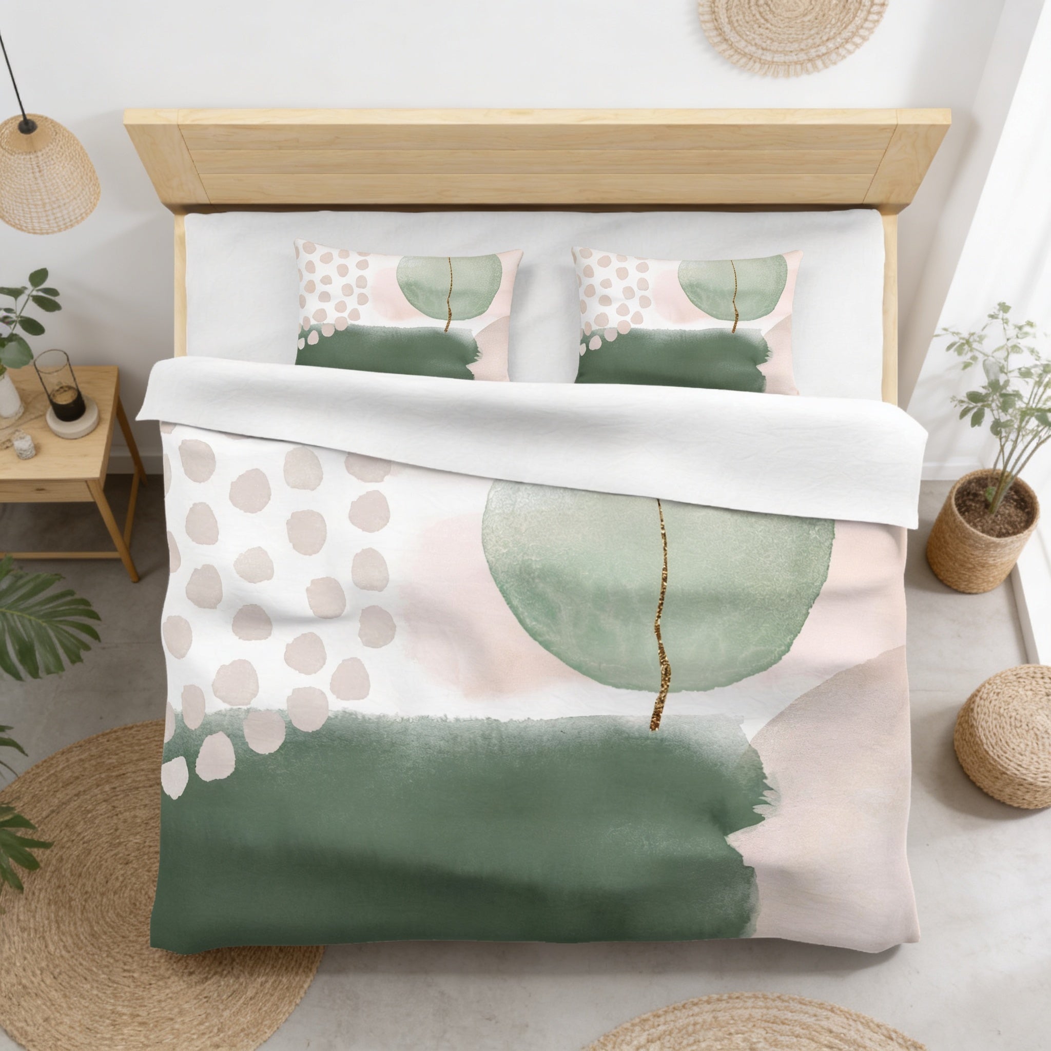a bedroom with a bed featuring a green and white abstract design on the comforter and pillows. The room has a minimalist and modern aesthetic, with a wooden headboard and a woven basket on the floor.