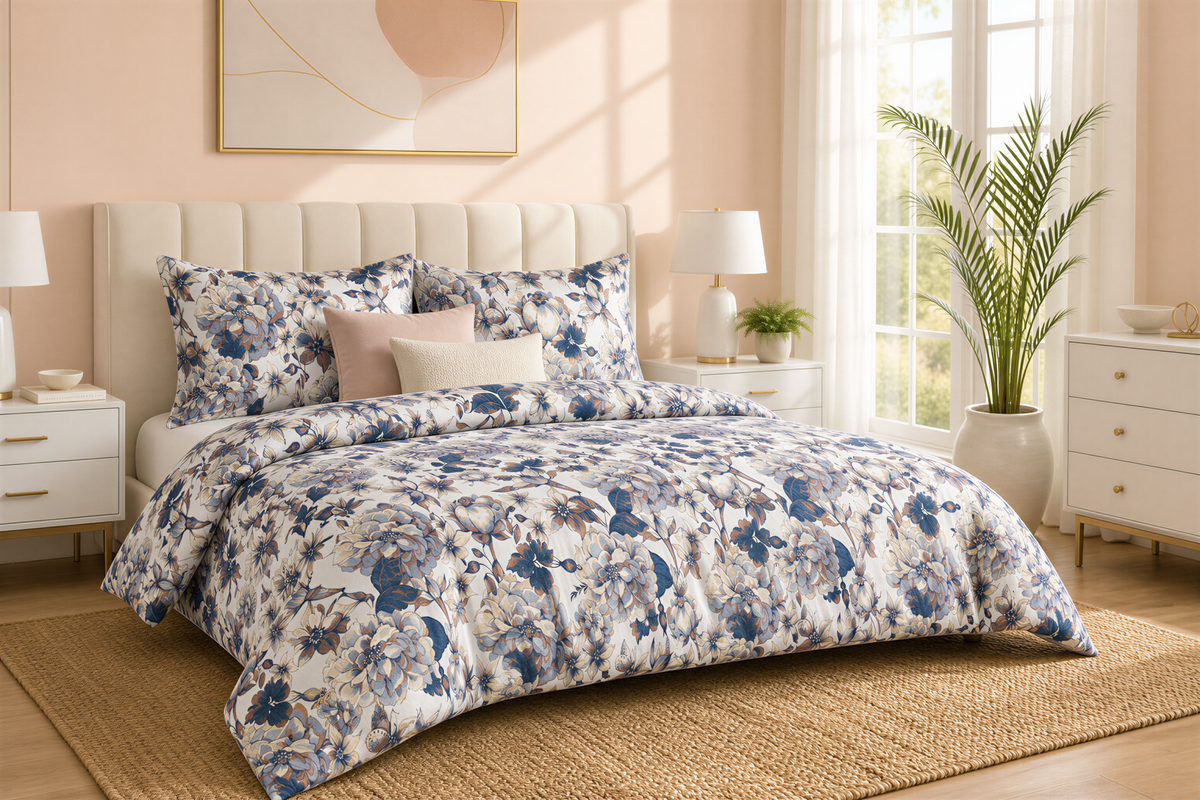a well-decorated bedroom with a large bed, white furniture, and a large window. The bed is covered in a blue and white floral comforter and pillows, and there are two nightstands with lamps on either side. The room also features a rug, a painting on the wall, and a potted plant.