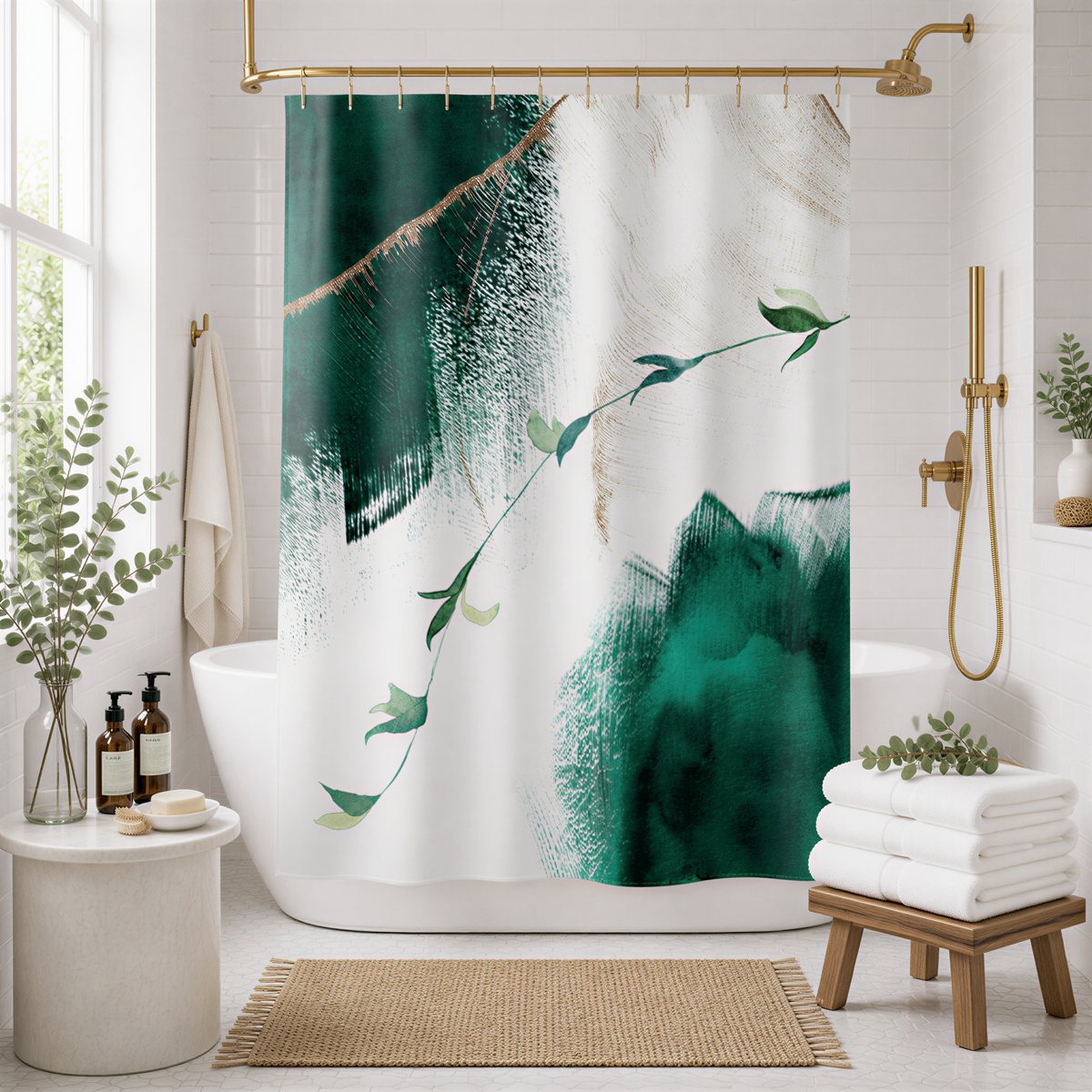 a modern bathroom with a white bathtub, a shower curtain with a green and white abstract design, and various decorative elements such as potted plants and a wooden stool.