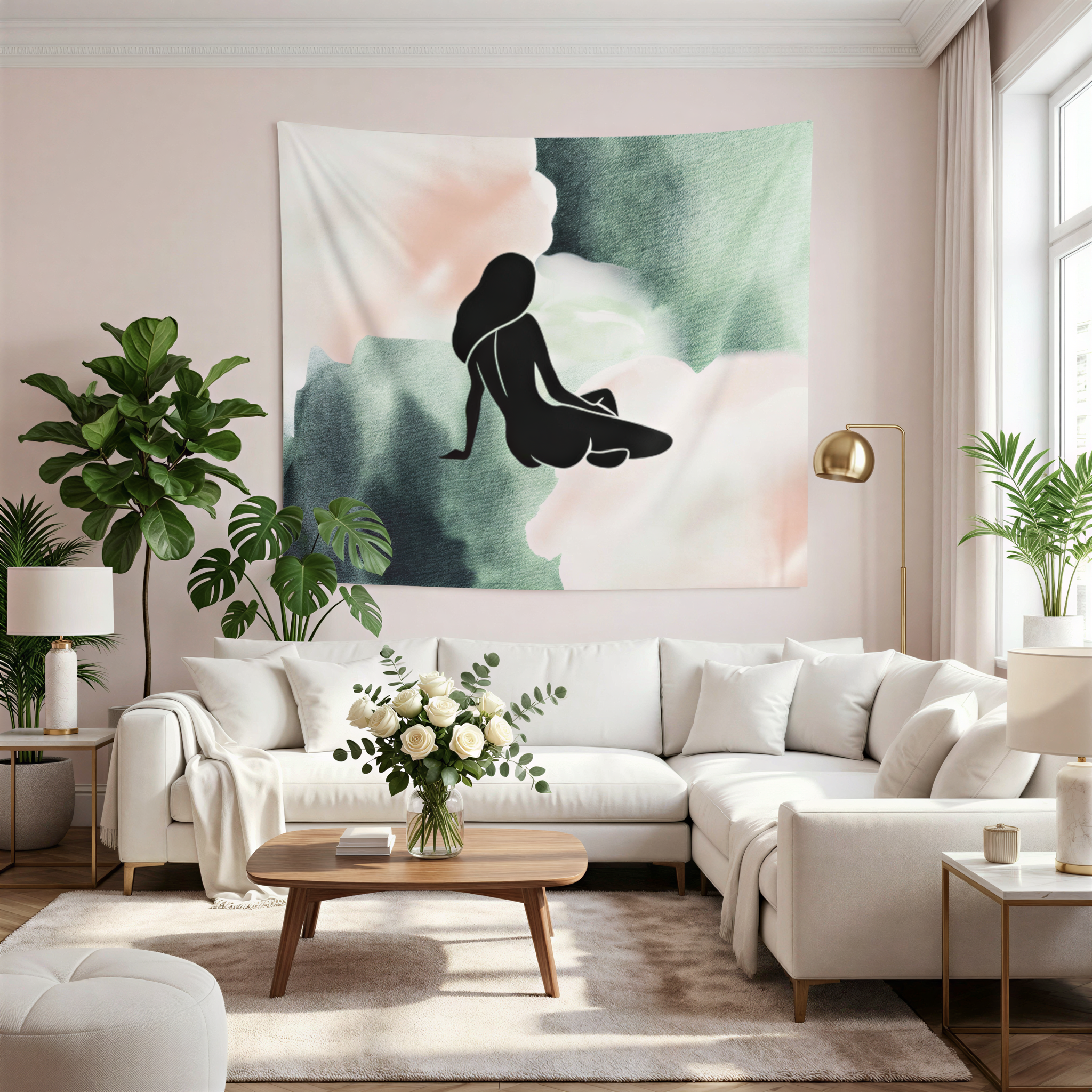 a modern living room with a large abstract painting of a woman on the wall, a white sofa, a coffee table with flowers, and various plants.
