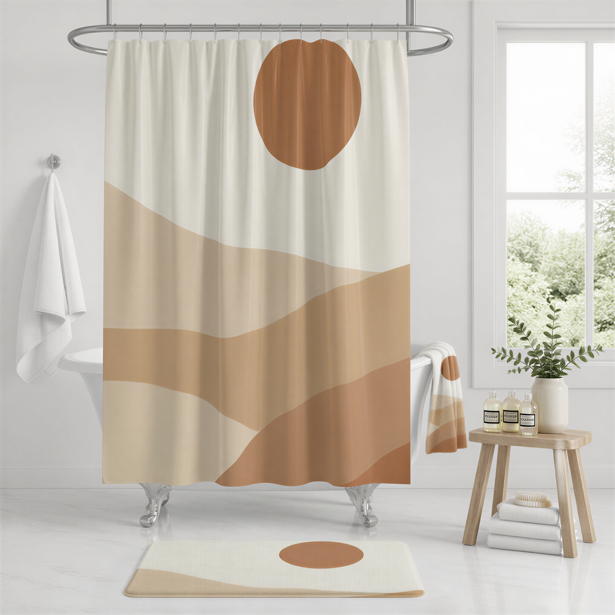 a bathroom with a shower curtain that has a sun-like design in shades of brown and beige. The shower curtain is hanging from a rod, and there is a small table with a plant and some bottles on it. The bathroom has a white color scheme, and there is a window providing natural light.