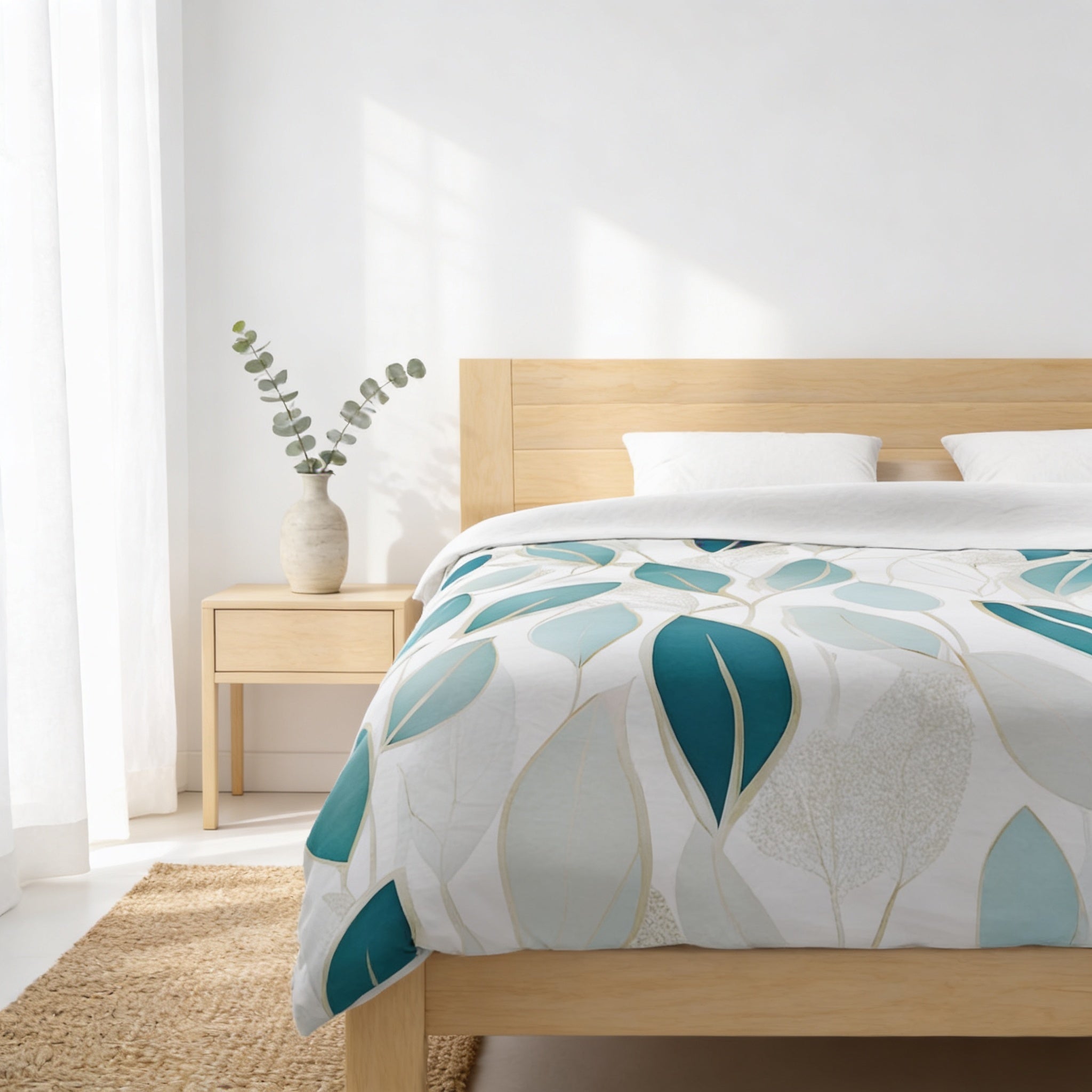 a serene and modern bedroom with a wooden bed frame, a white headboard, and a white and blue leaf-patterned comforter. The room has a clean and minimalist aesthetic, with a vase of greenery on a nightstand and a rug on the floor.
