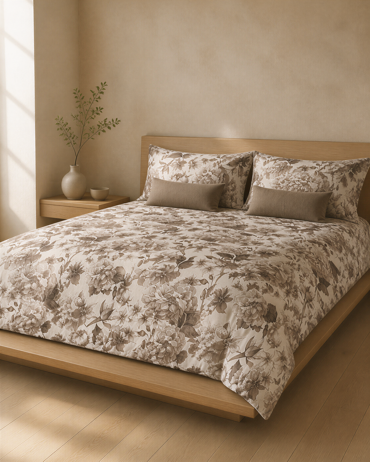 a serene and cozy bedroom scene, featuring a large bed with a floral bedspread and matching pillows, a wooden headboard, and a small side table with a vase of greenery.