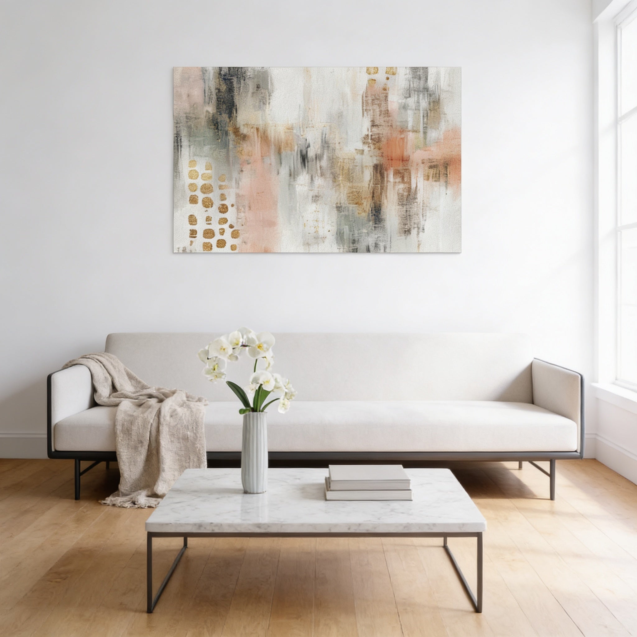 a modern living room with a white sofa, a marble coffee table, and a large abstract painting hanging on the wall above the sofa.