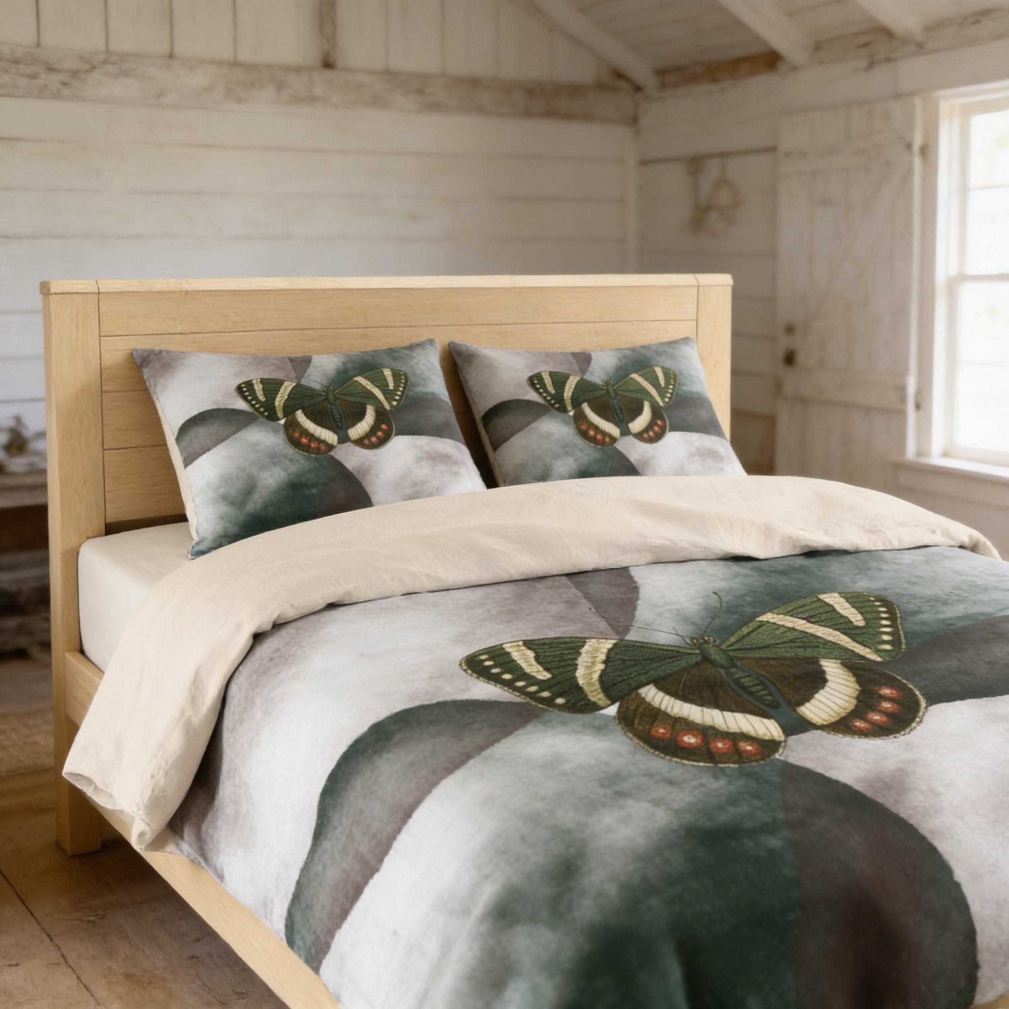 a bedroom with a bed featuring a gray and green butterfly design on the comforter and pillows.