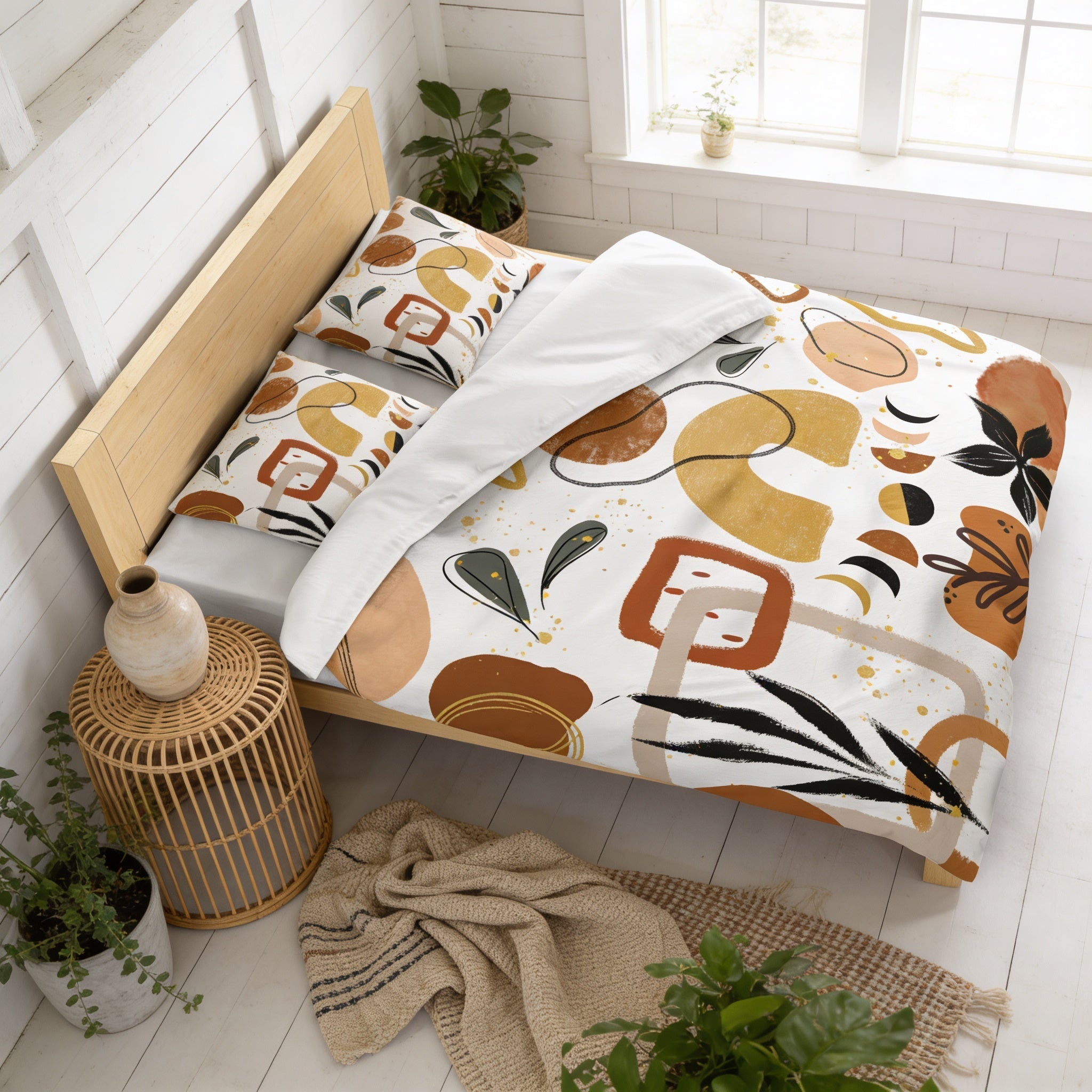 a bedroom with a bed covered in a colorful abstract patterned comforter. The bed is surrounded by various decorative elements, including a woven side table, potted plants, and a rug. The overall scene has a warm and inviting atmosphere.