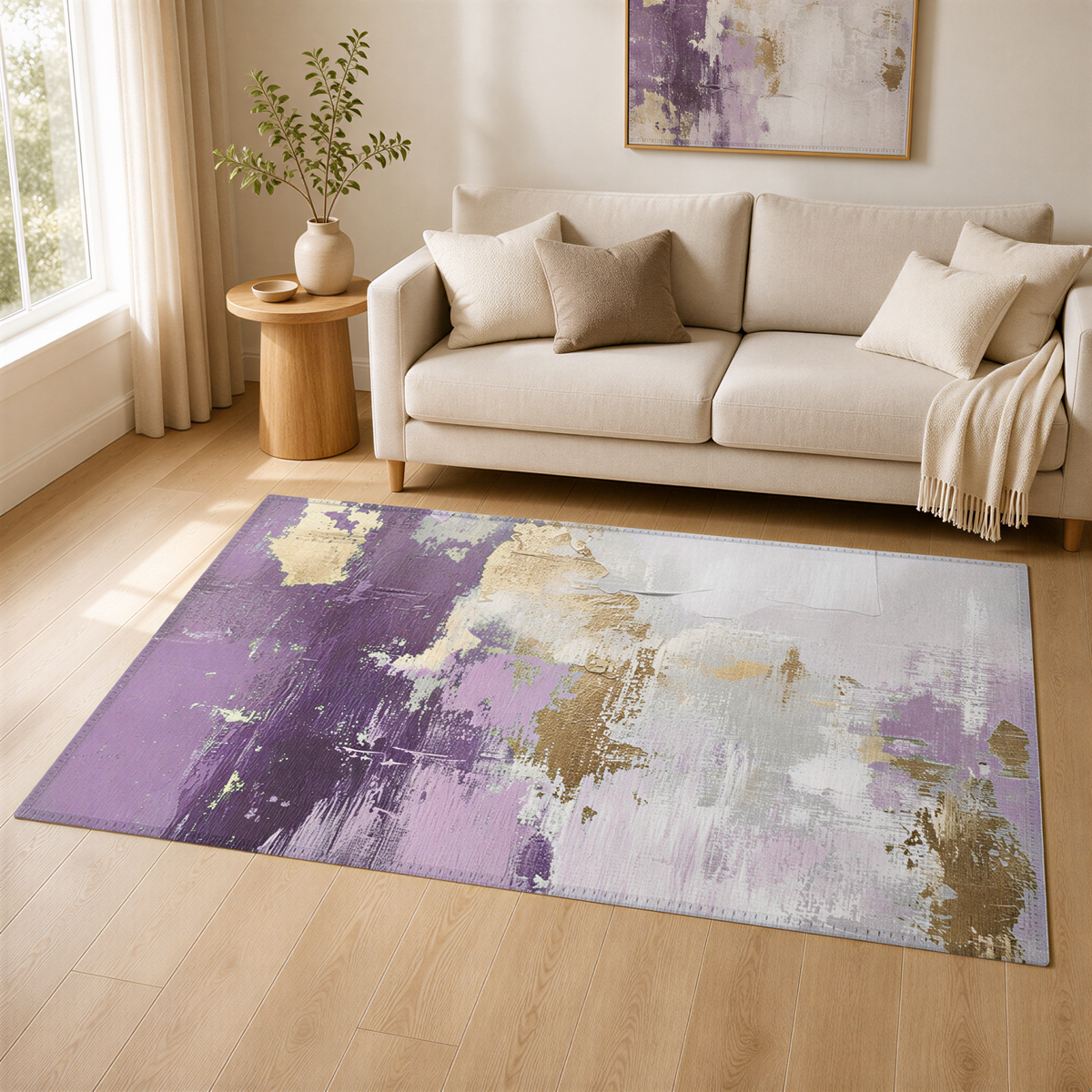 a living room with a beige sofa, a large abstract rug with purple and gold colors, and a wooden side table with a plant.