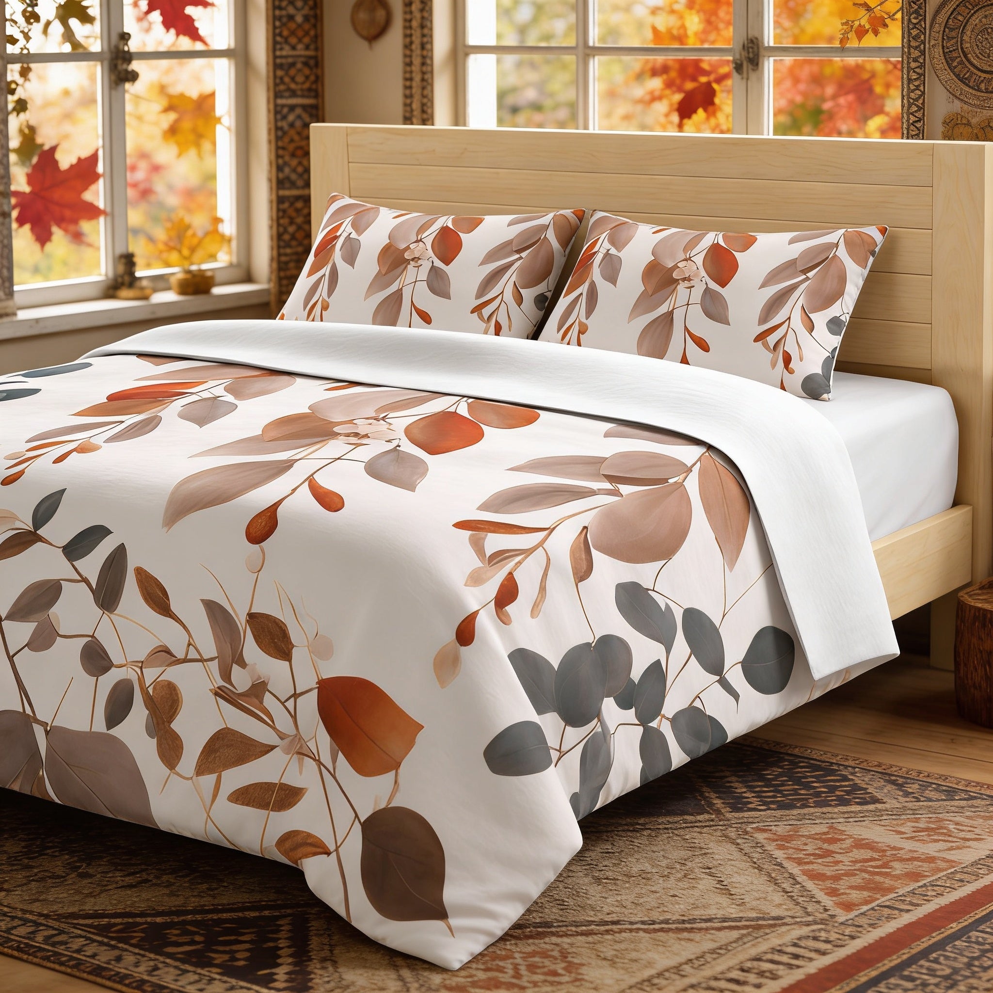 a bedroom with a bed featuring a white comforter and pillows with a leaf pattern. The bed is positioned in front of a window, which has autumn leaves visible outside. The room has a wooden headboard and a rug on the floor.