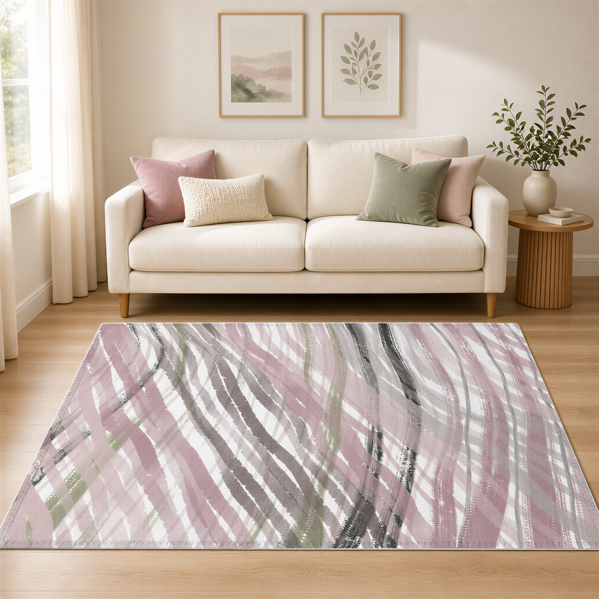 a living room with a white sofa, a large abstract rug, and two framed pictures on the wall.