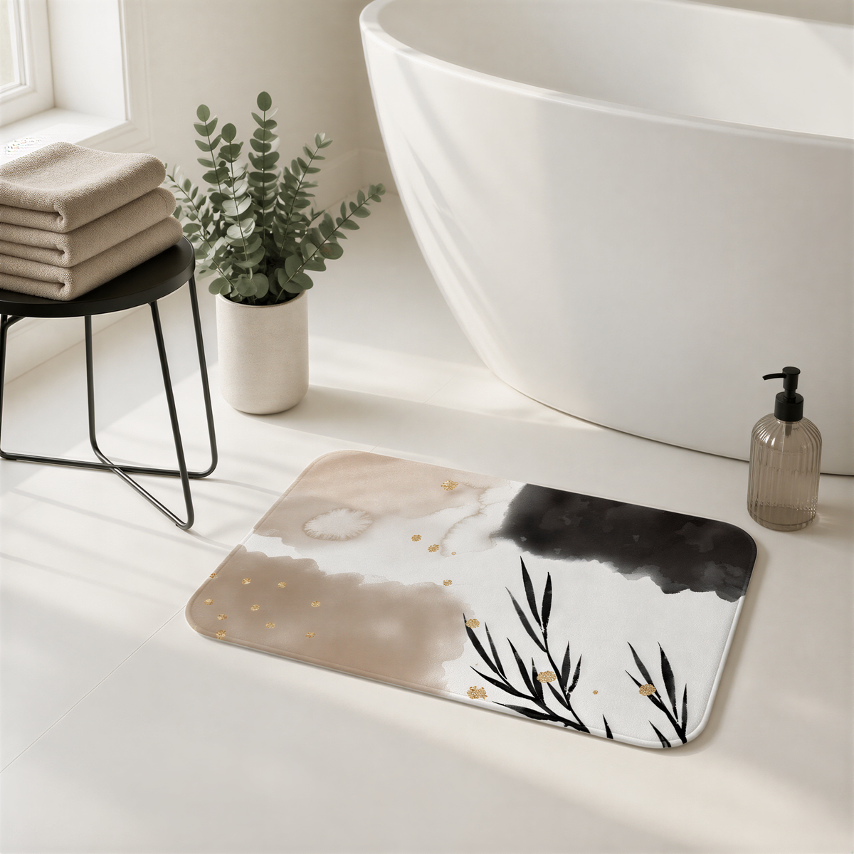 a bathroom with a white bathtub, a potted plant, and a decorative bath mat with a floral design.