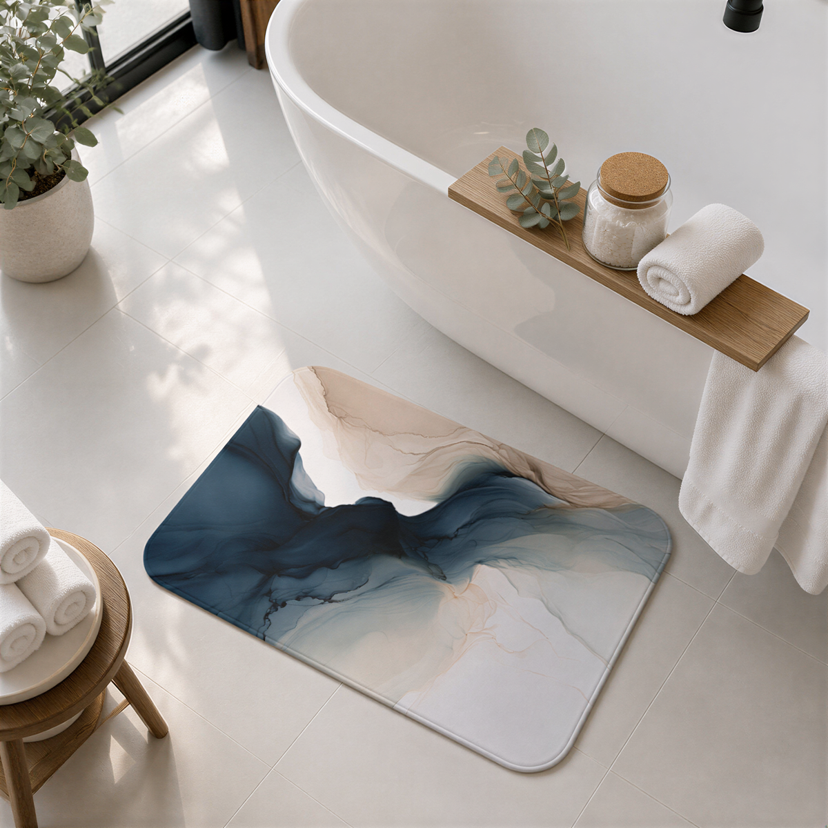 a bath room with a bath tub and a rug