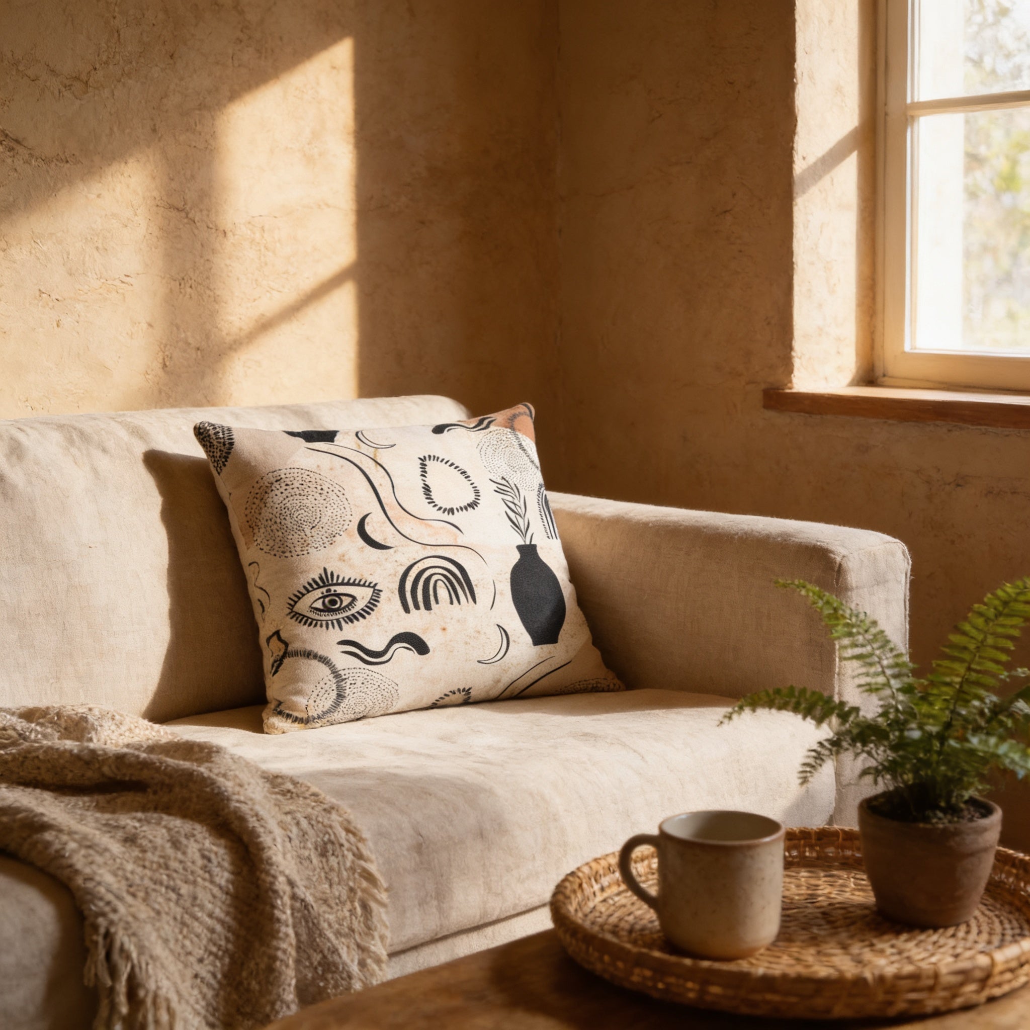 a cozy living room with a beige sofa, a decorative pillow with abstract designs, and a woven tray with a plant and a coffee mug.