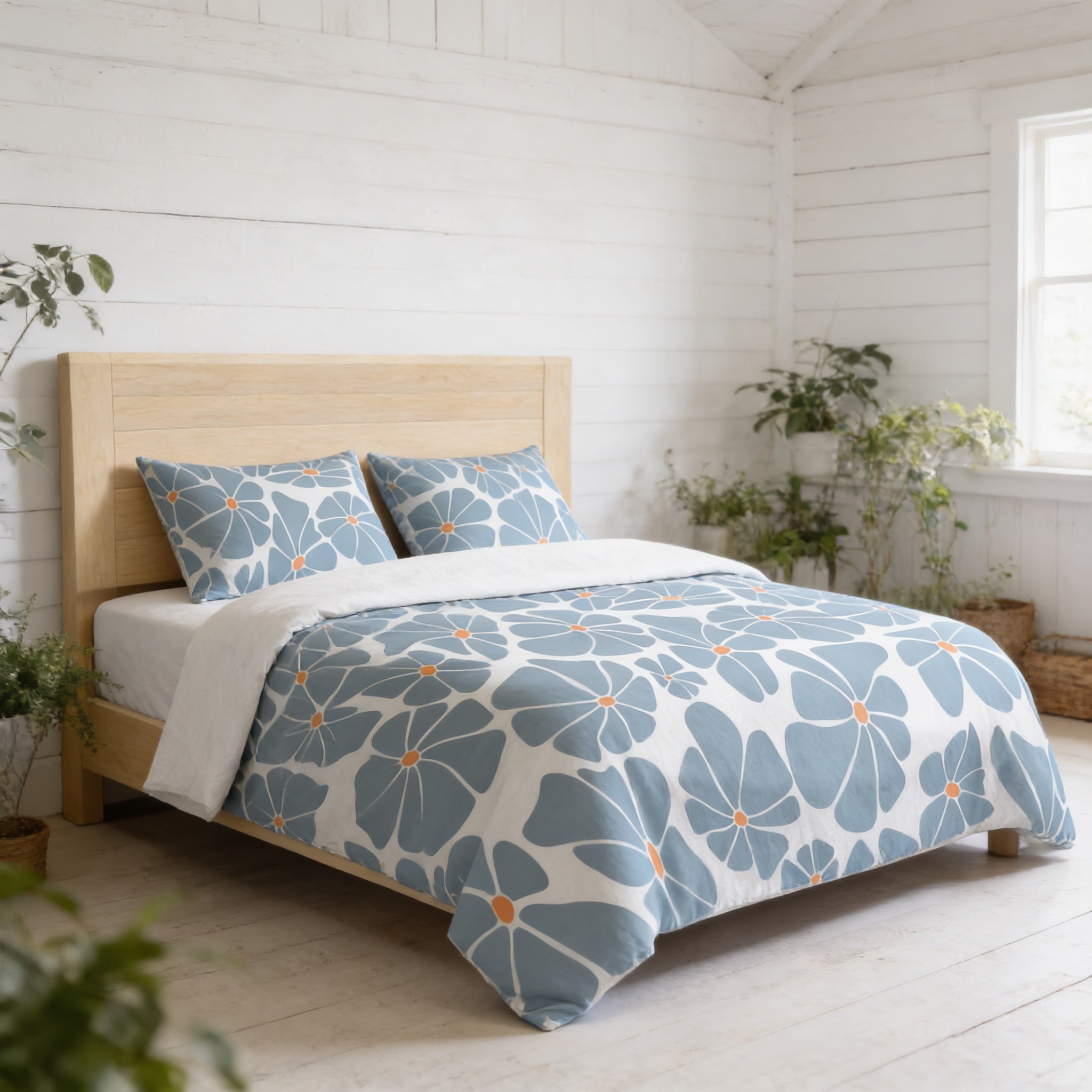 a cozy bedroom with a wooden headboard and a blue and white floral comforter on the bed. The room has white walls and a wooden floor, creating a warm and inviting atmosphere.