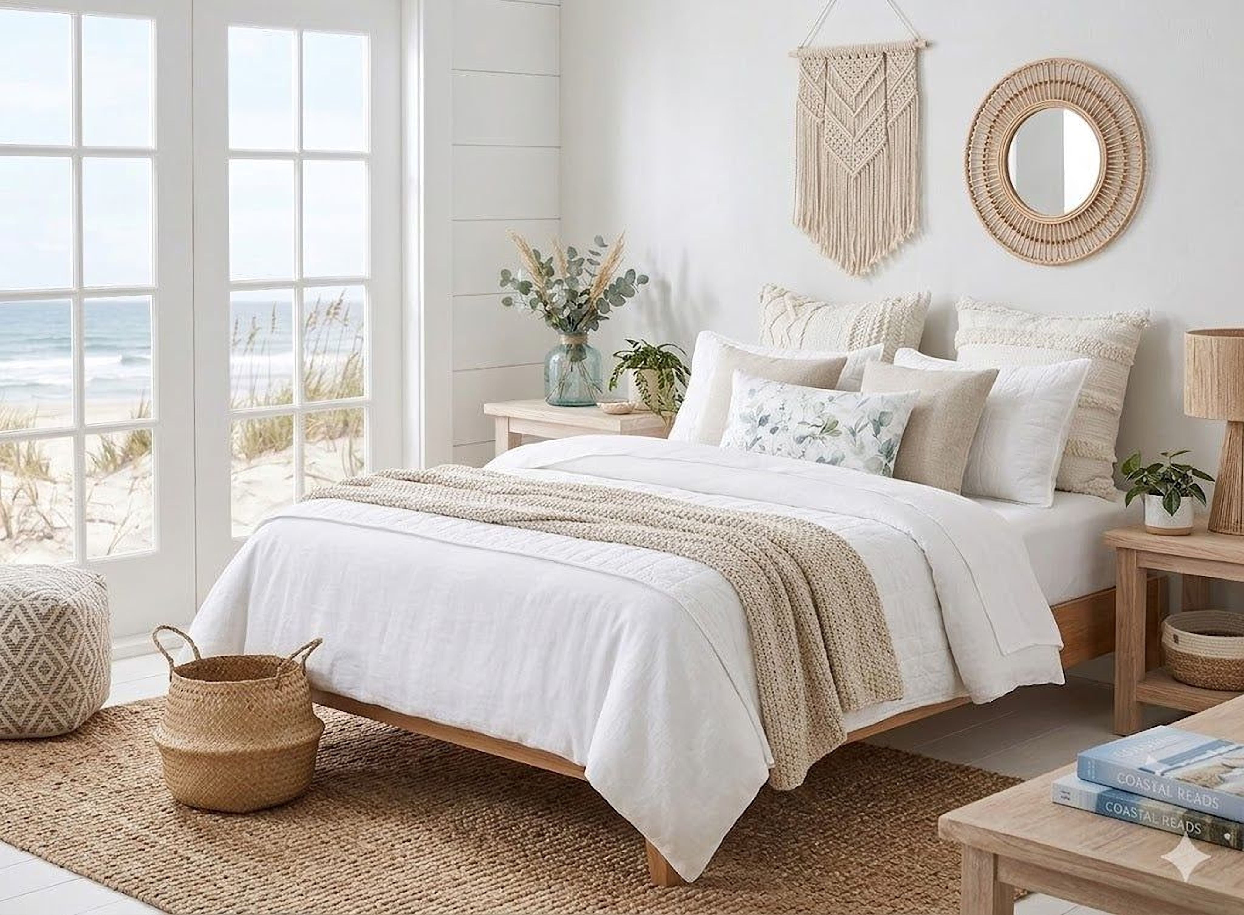 a serene and cozy bedroom with a large bed, a wooden nightstand, and a window overlooking the ocean. The room has a beach-inspired decor with natural elements such as a woven basket, a potted plant, and a wall hanging. The overall color scheme is predominantly white and beige, creating a calm and relaxing atmosphere.