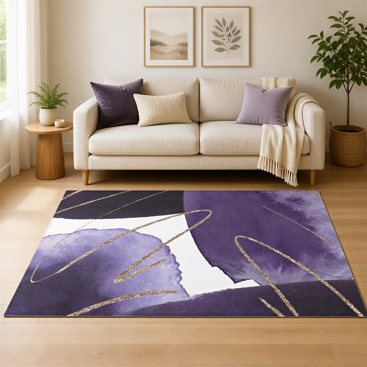 a living room with a beige sofa, a rug with a purple abstract design, and a potted plant. The room has a neutral color palette with a touch of purple and gold accents.