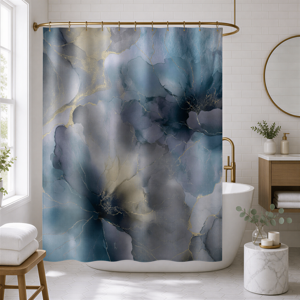 a bathroom with a large, abstract floral pattern on the shower curtain, which has a mix of blue, gray, and gold colors. The shower curtain is hanging from a rod, and there is a white bathtub in the room. The bathroom also includes a wooden stool, a round mirror, and some plants.