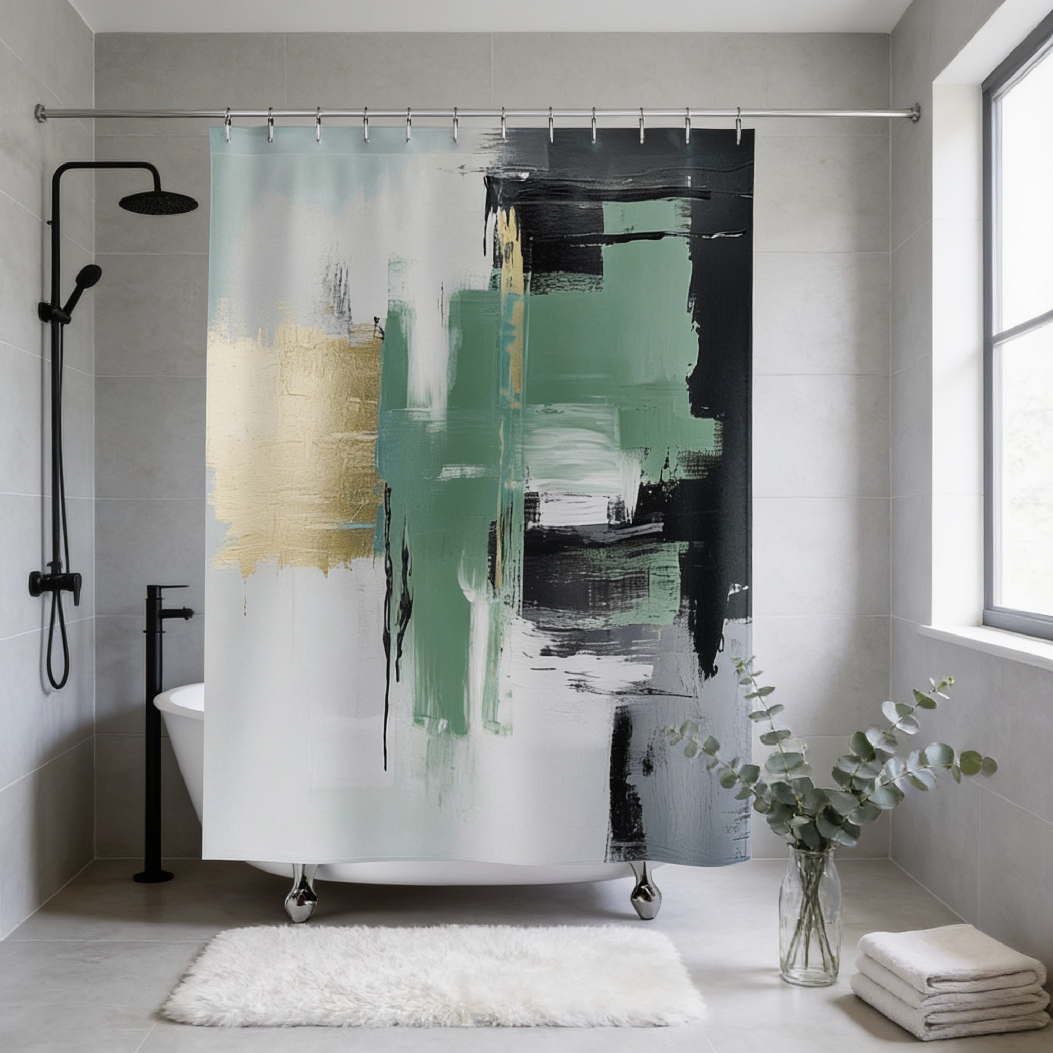 a modern bathroom with a large abstract painting hanging on the wall above a white bathtub. The painting has a mix of green, black, and gold colors, creating a striking contrast. The bathroom also includes a shower curtain, a vase with greenery, and a rug on the floor.